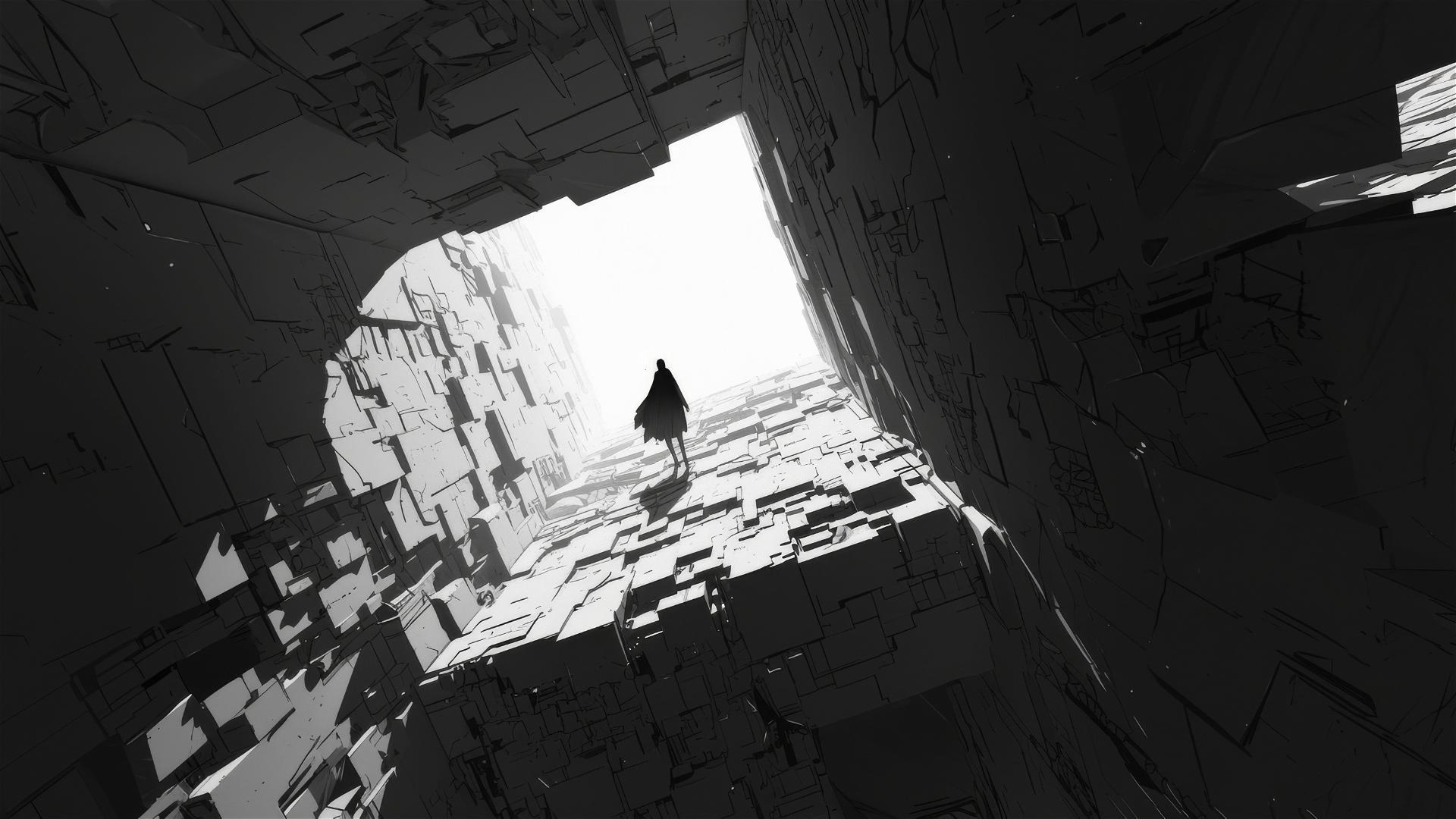 Pure black underground passage, its walls absorbing any trace of light, leading into the unknown, foreboding and continuous