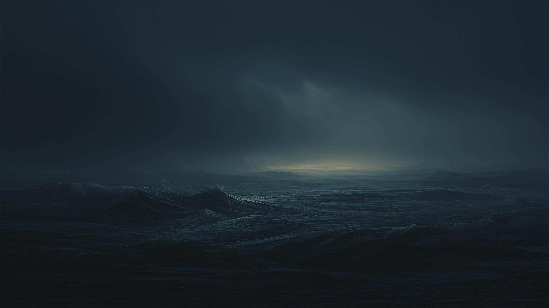 Black seascape with stormy white-capped waves at night