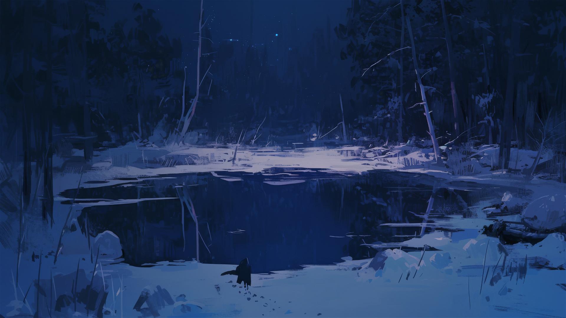 Aesthetic dark scene with a frozen pond reflecting a distant star