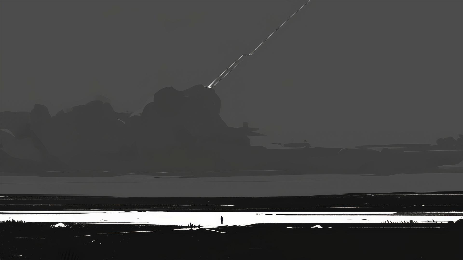 Minimalist dark horizon with a single lightning bolt.
