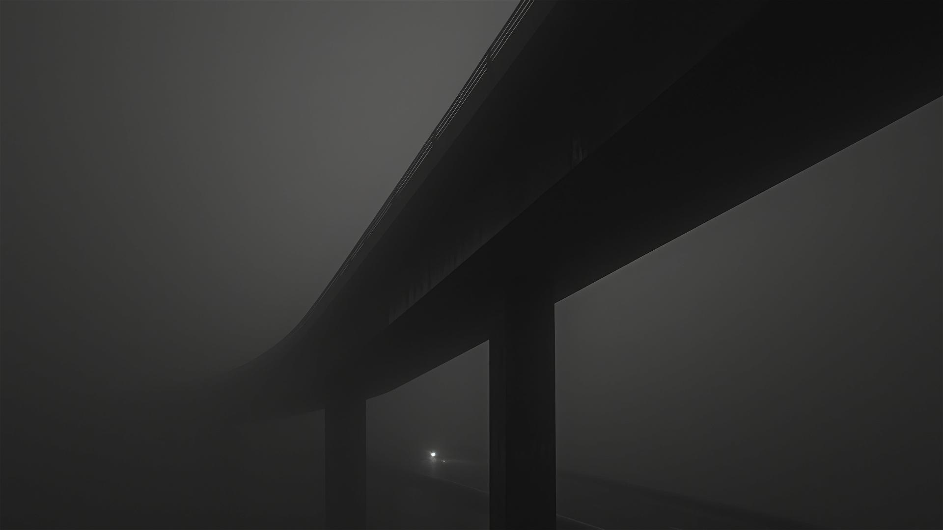 Minimalist bridge outline in a foggy, dark setting