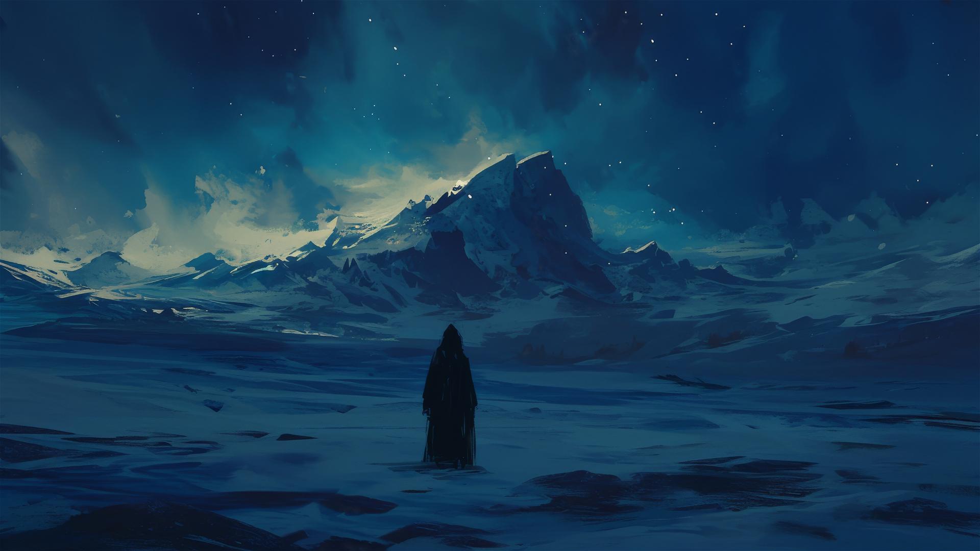 Aesthetic dark arctic circle under polar night with vast frozen landscape