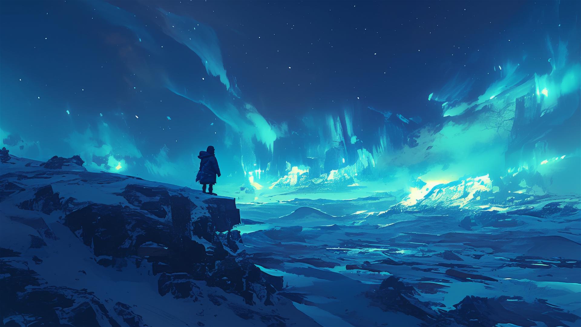 Aesthetic dark arctic circle during polar night, where the sun never rises and the entire world is a panorama of blacks and blues, frozen and vast