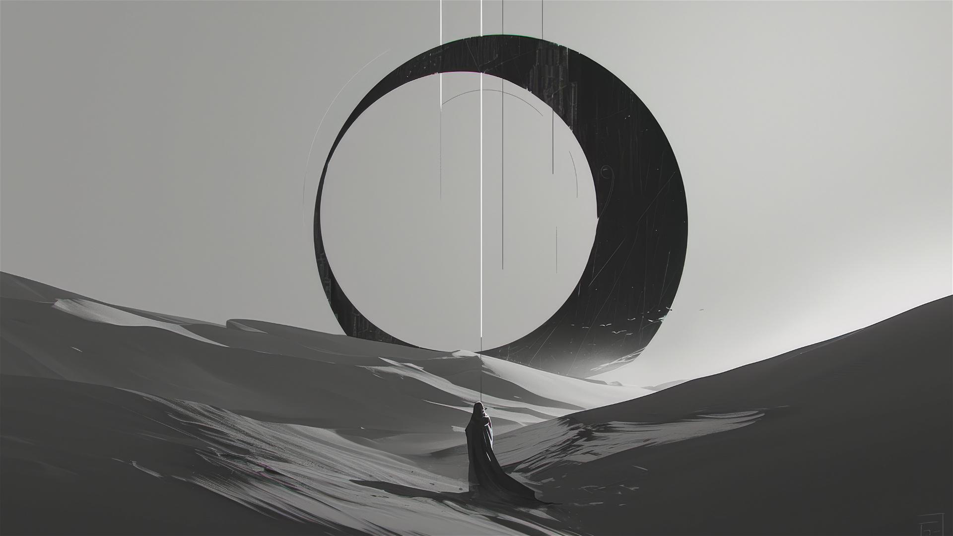 Dark eclipse over desert with shadowy landscape and gray to black sky gradient