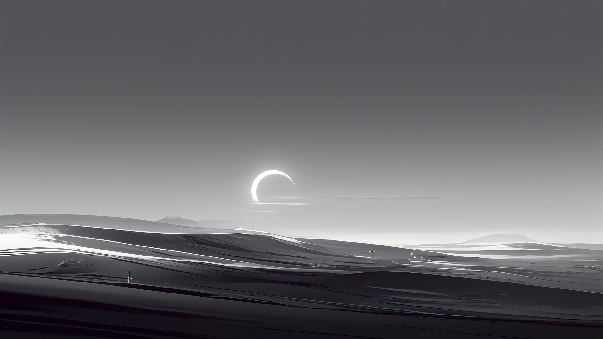 Dark eclipse over a barren desert under a gray to black sky
