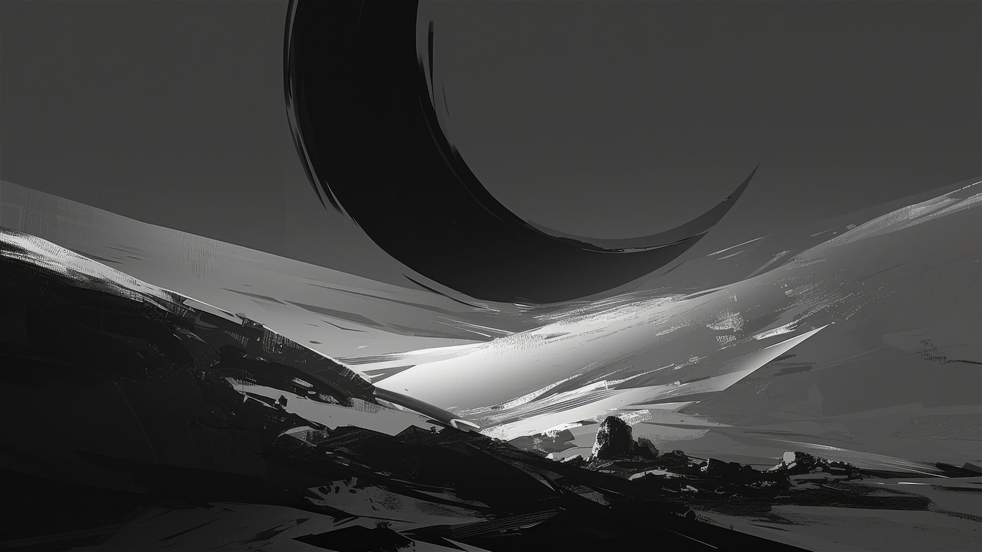 Aesthetic dark eclipse over desolate desert landscape with unusual shadows and gray to black sky gradient