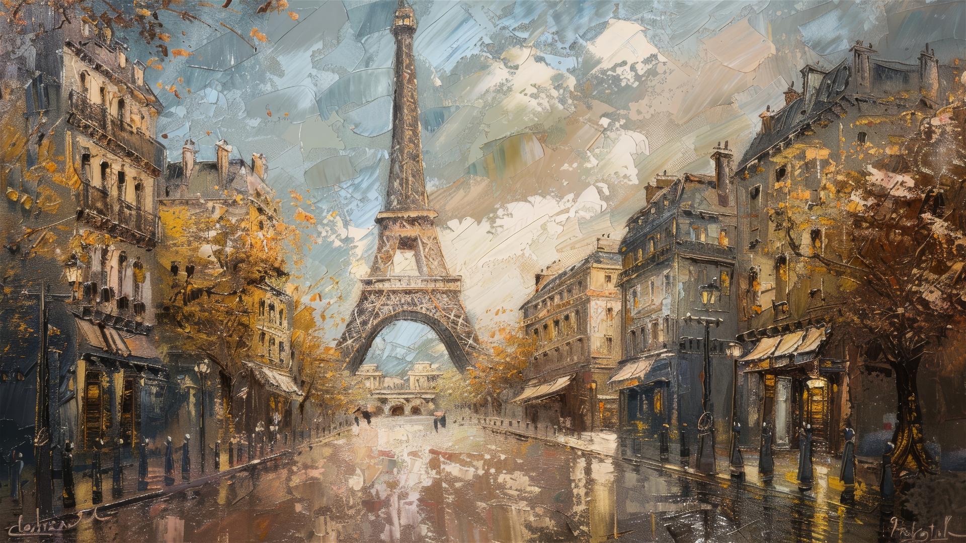 Oil painting of Paris with worn brushstrokes and dry brush technique