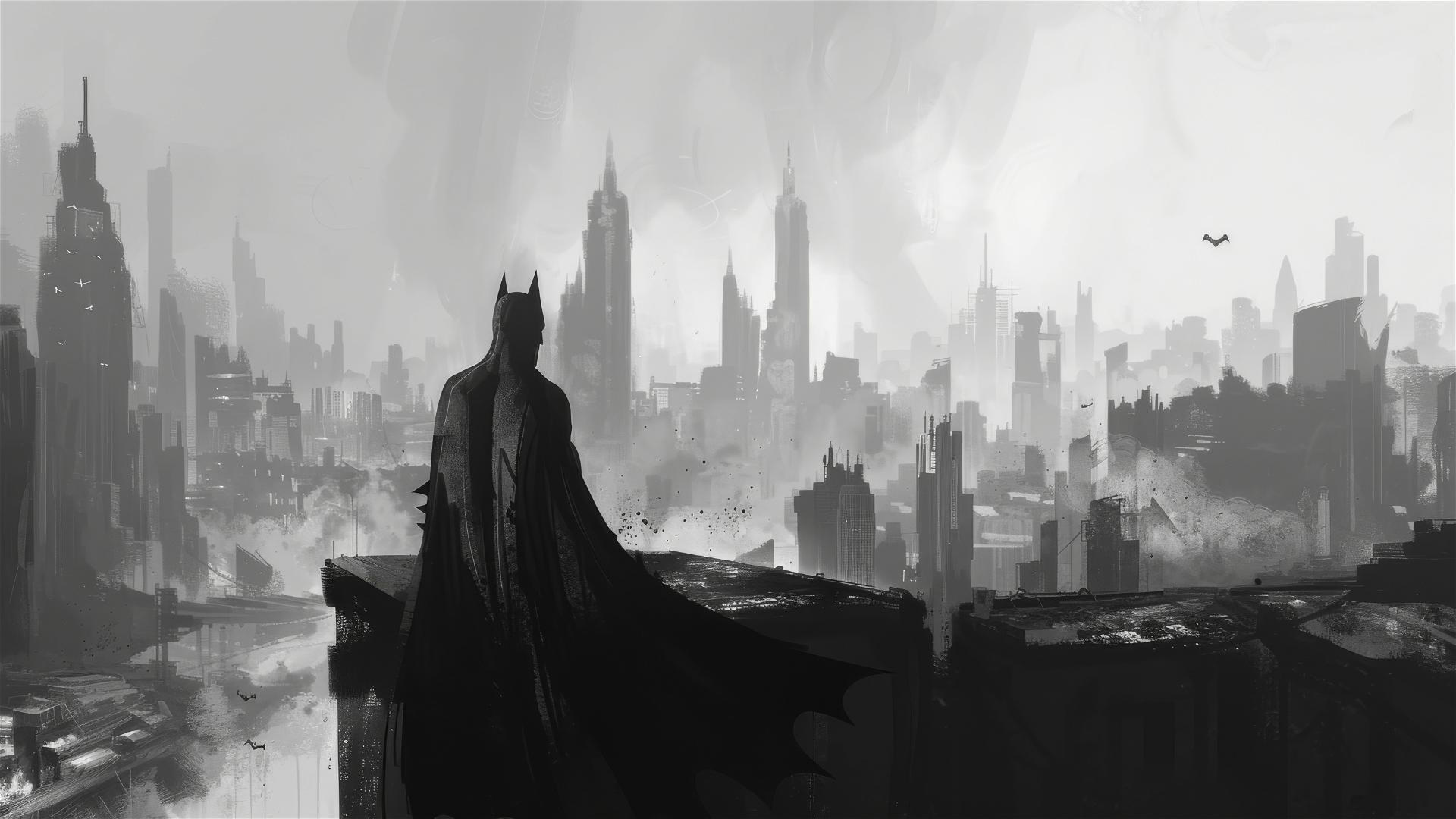 Batman overlooking Arkham City in an illustrative, grayscale landscape