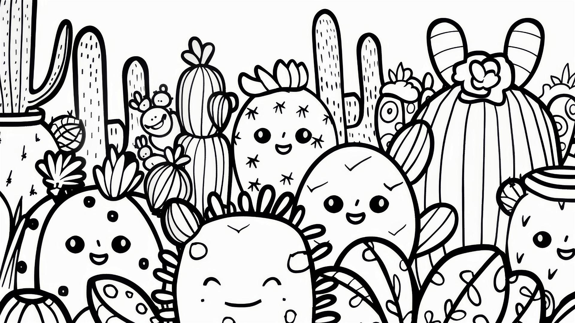 Kawaii cactuses in black and white vector style