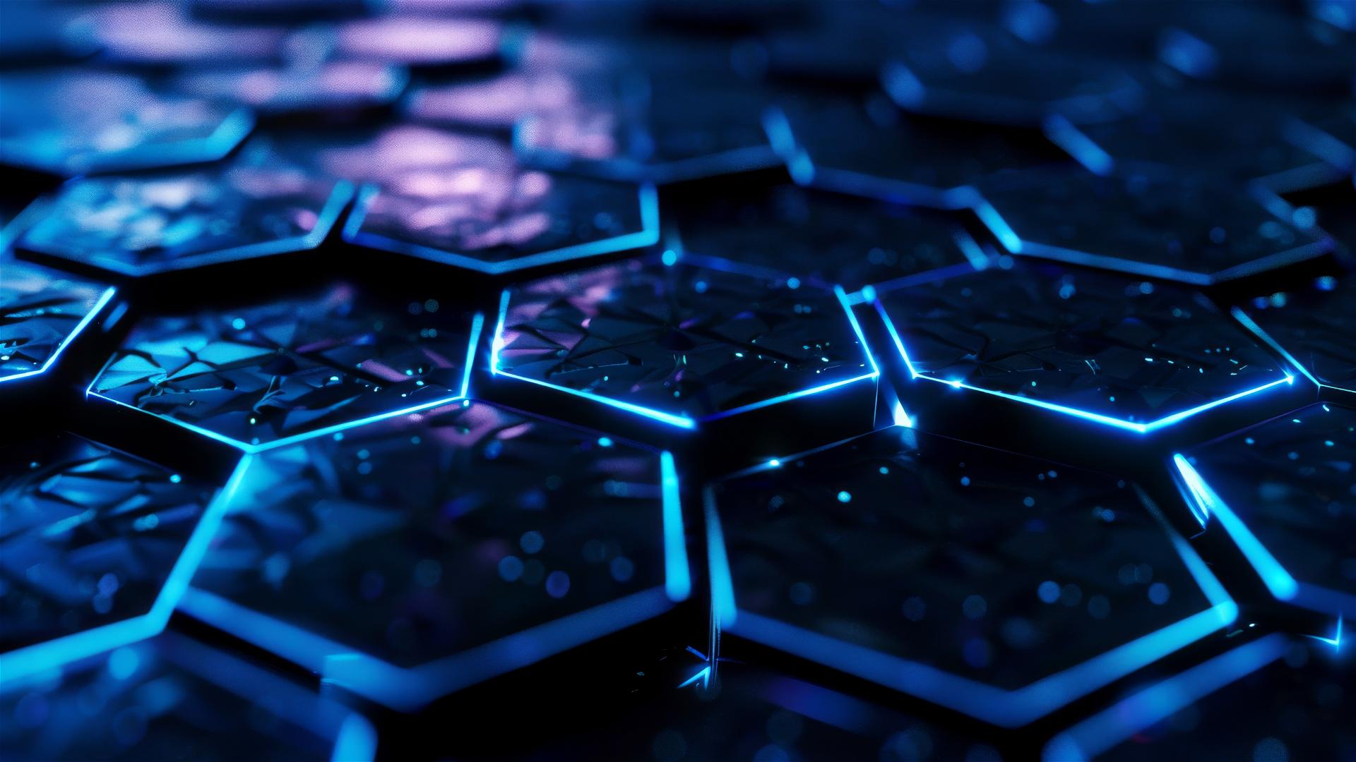 Black metallic hexagons with blue glowing edges amid neon lights
