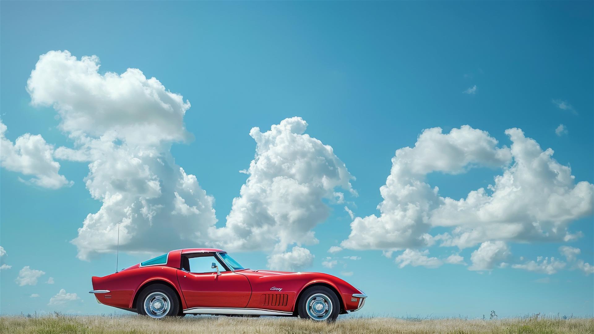 A red Corvette under a blue sky with clouds