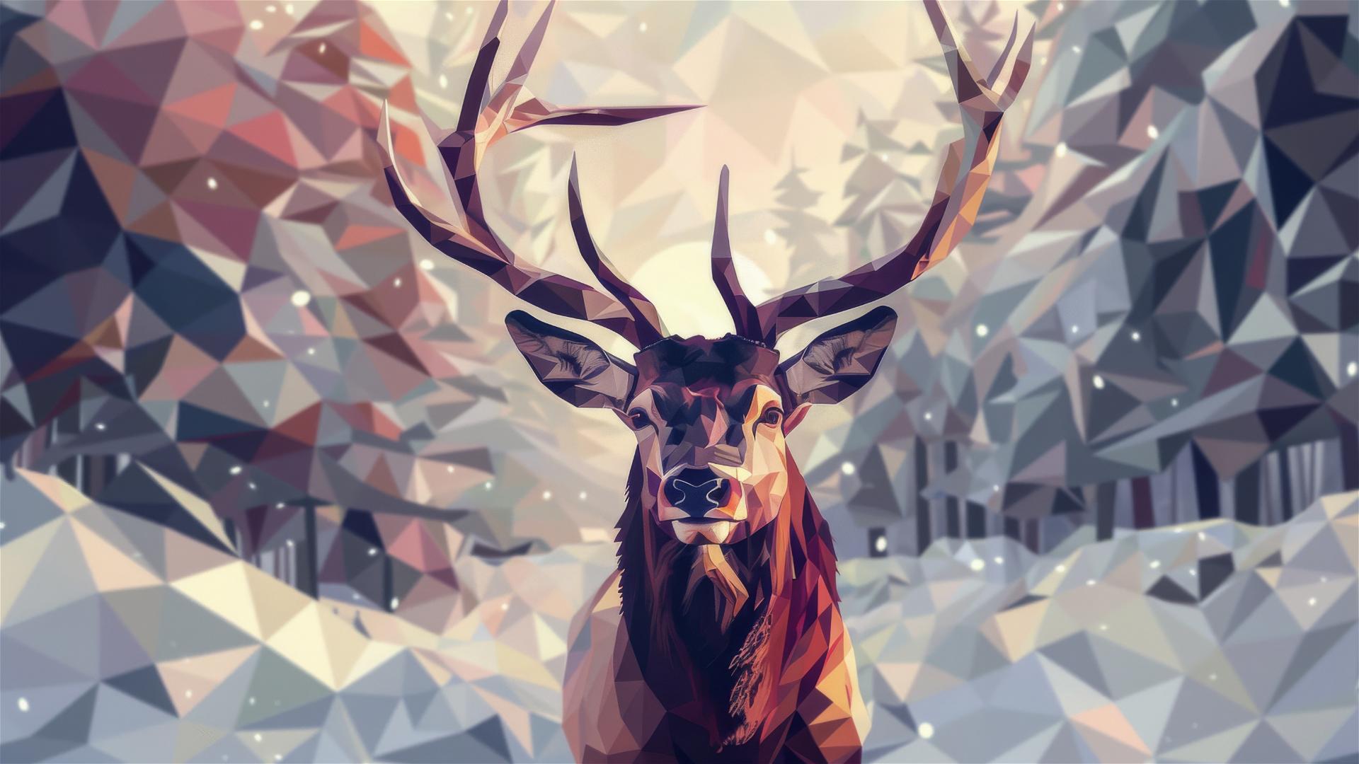 Stag's head with full horns in moonlit glade, cubism low poly style
