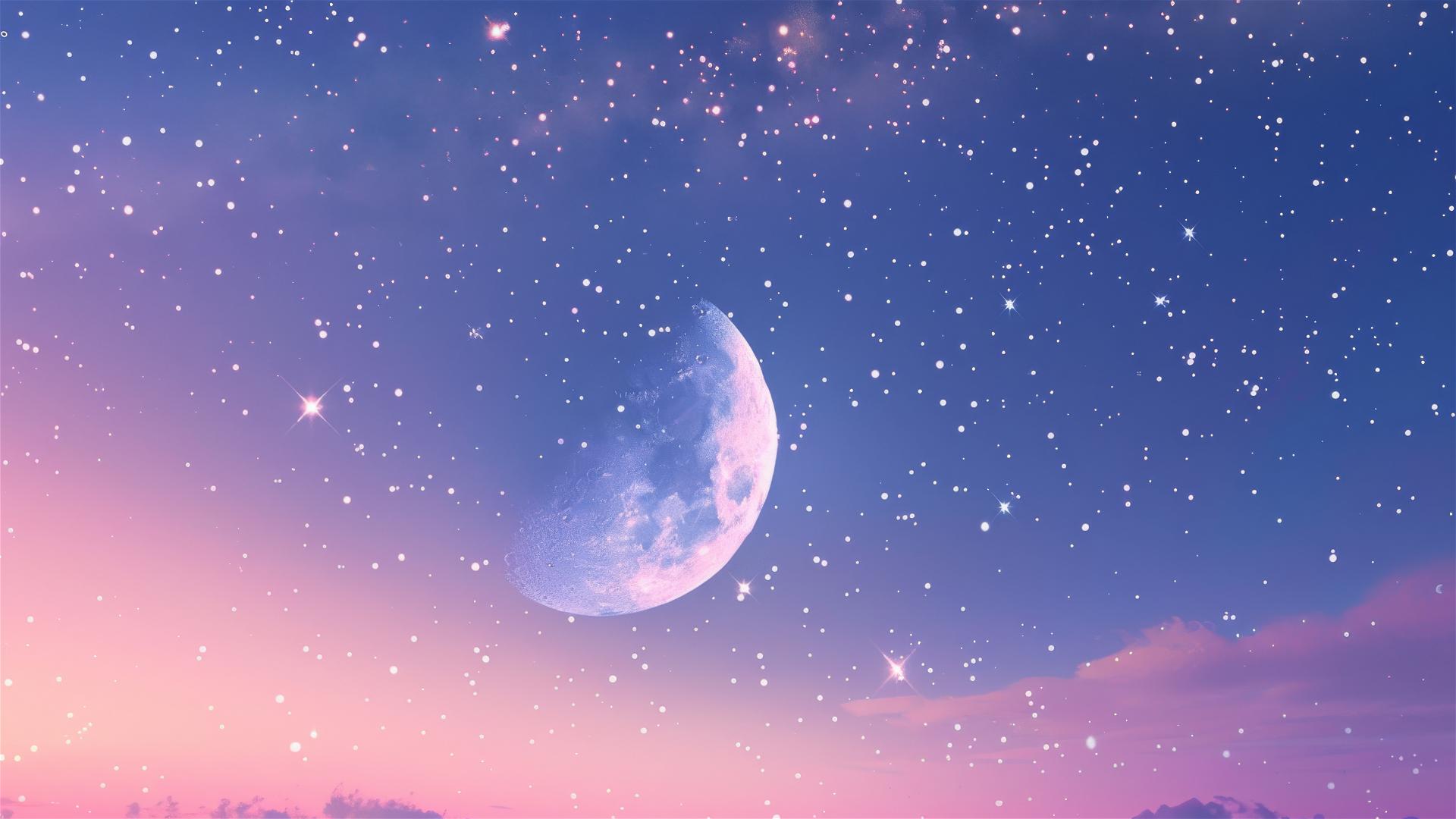 Purple-blue sky with a half-moon, pink sparkly stars, and a galaxy