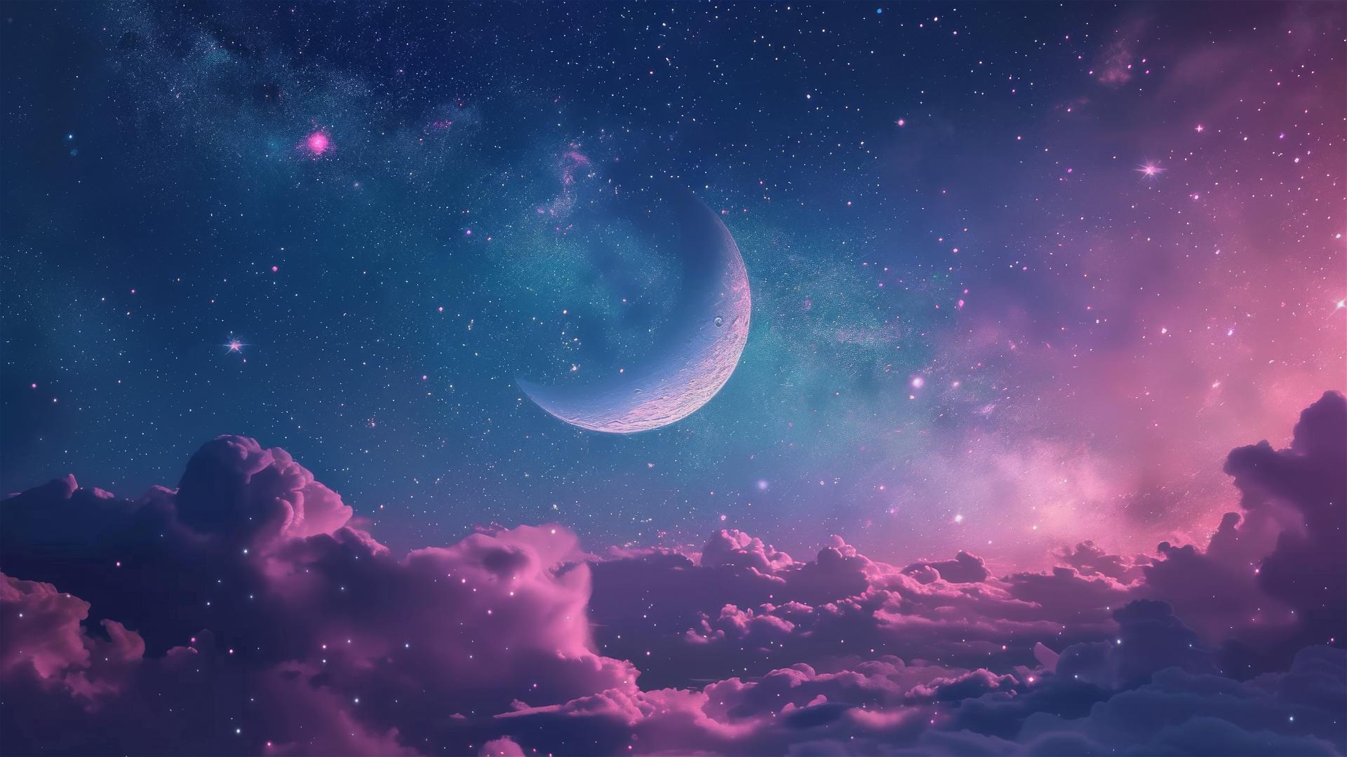Realistic photo of a light purple blue sky with tiny stars, half moon, and a pink universe