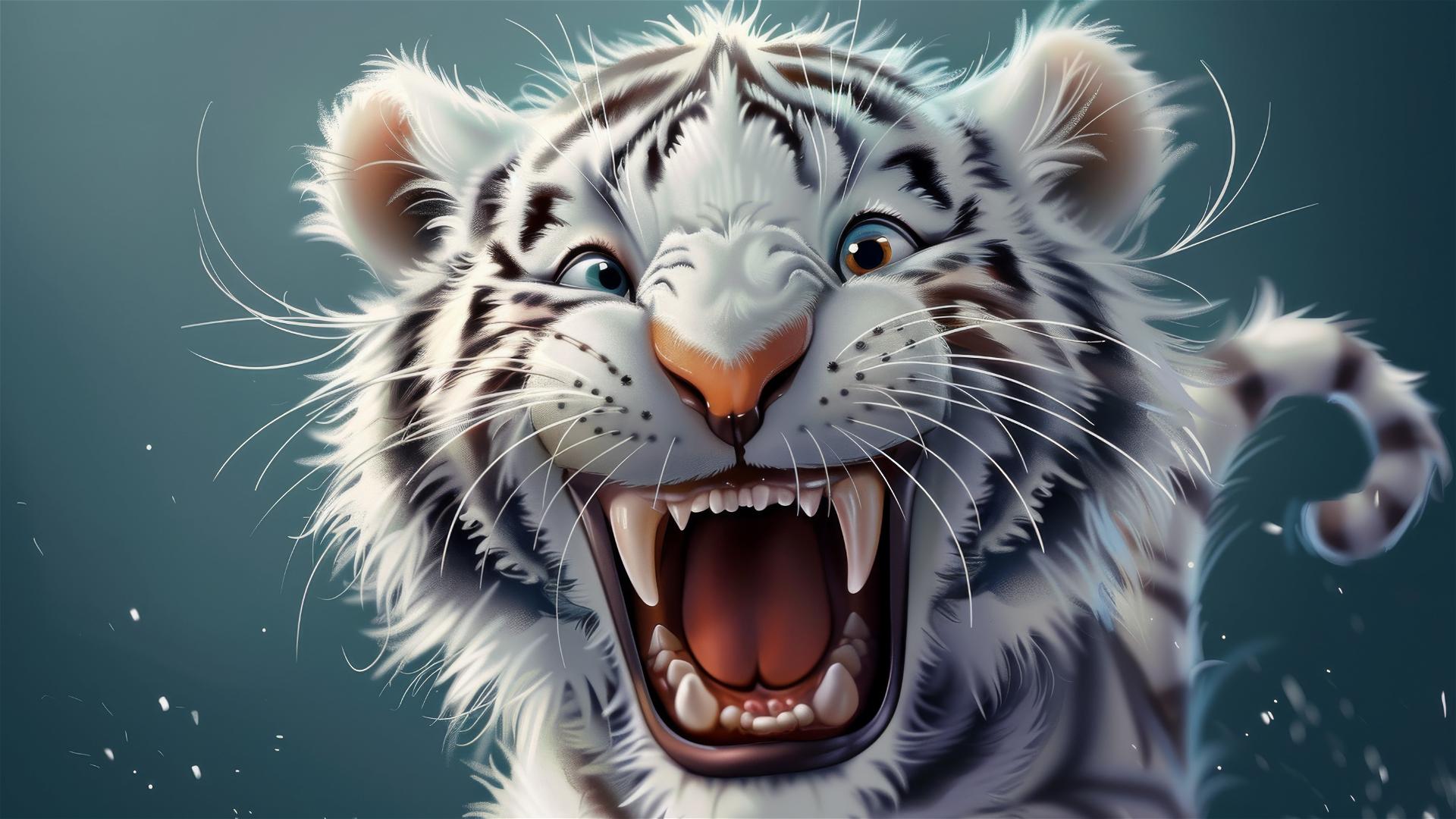 Cartoon white tiger with a happy expression and a bright smile