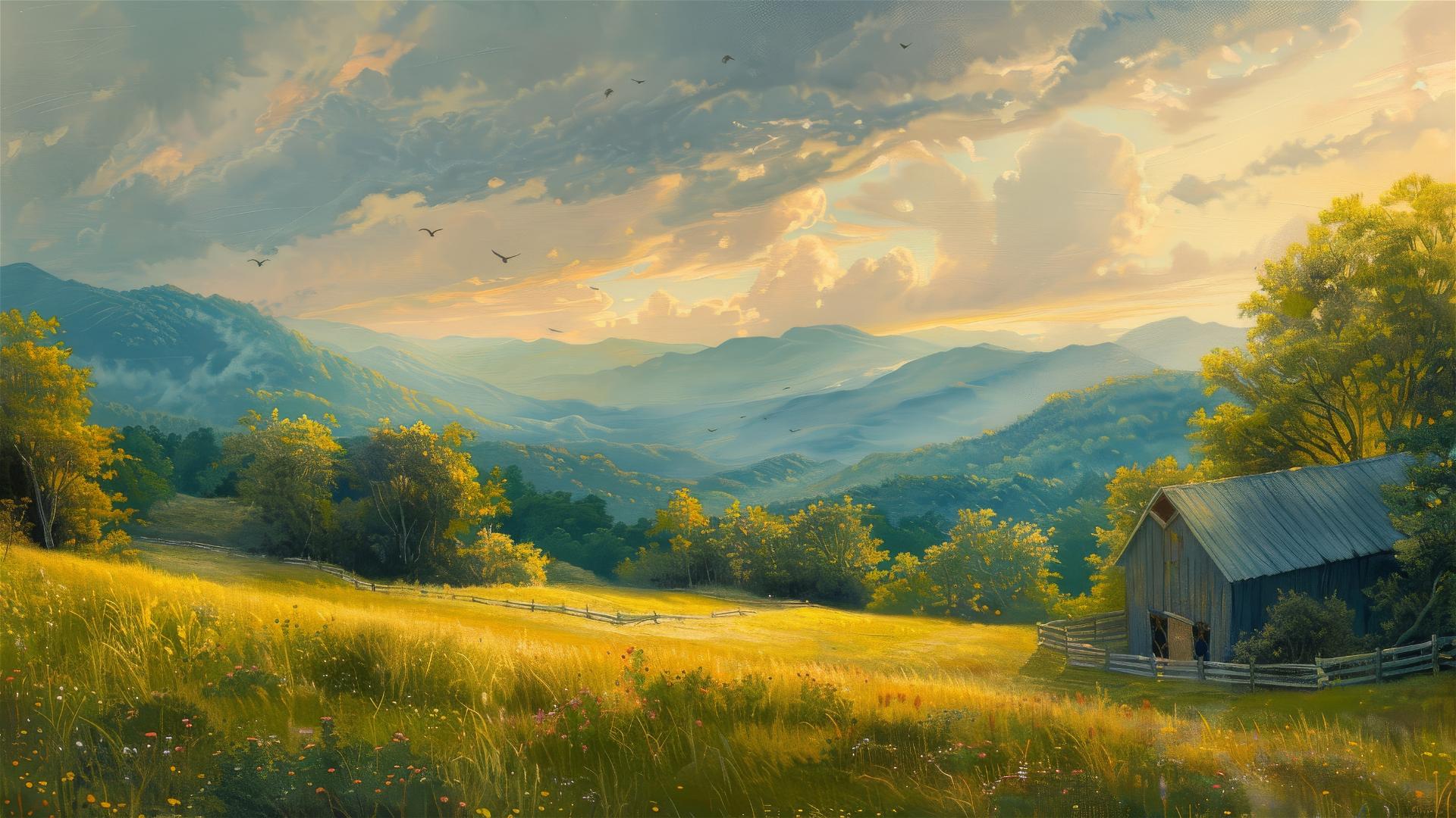Oil painting of a farmhouse in mountains with warm filter