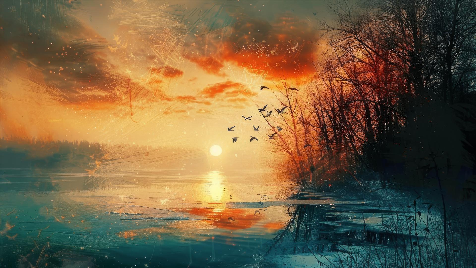 Realistic birds over a light-beige and orange lake landscape with snow