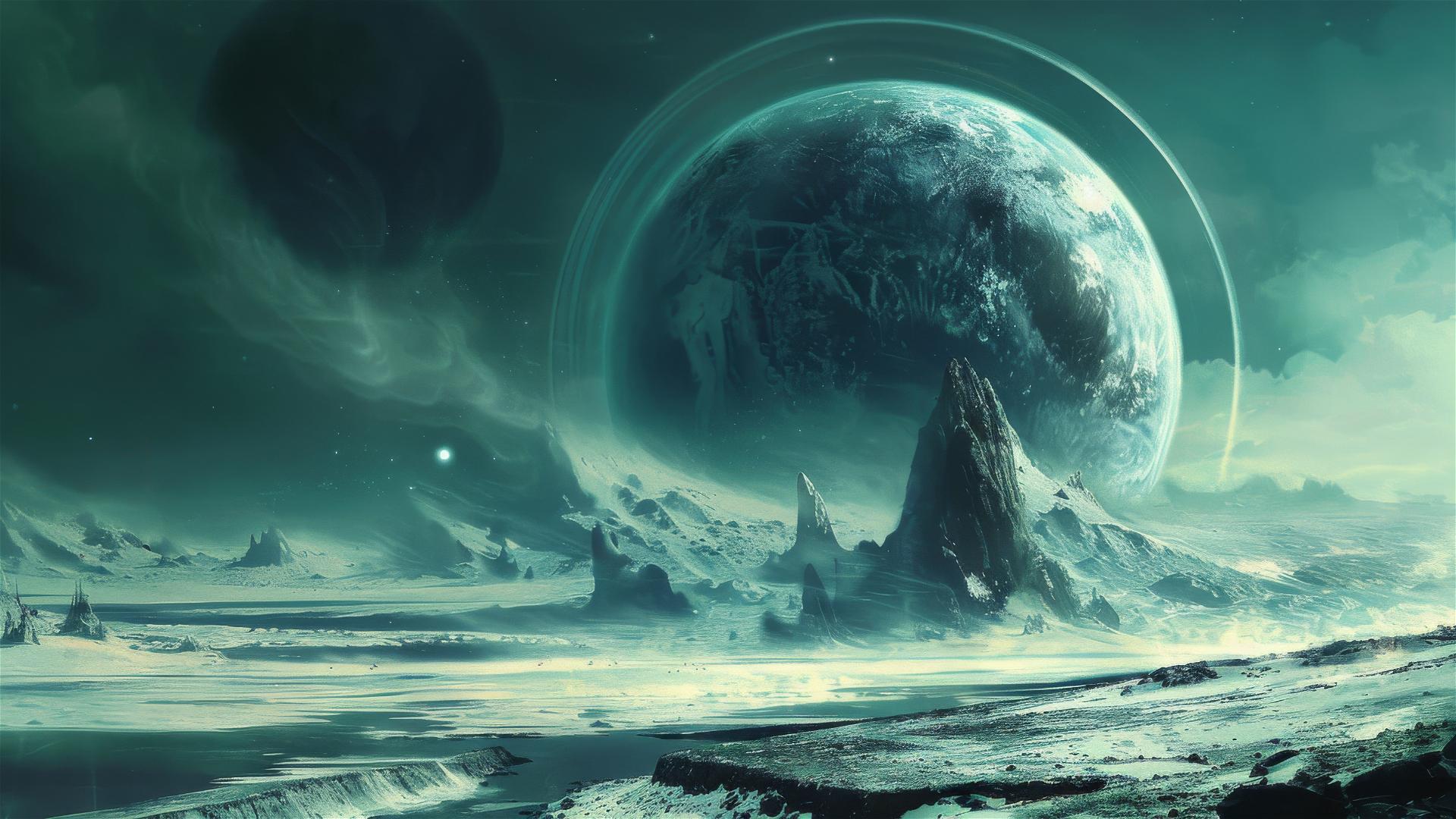 Sci-fi scene with a planet turning invisible and a dark halo enveloping it
