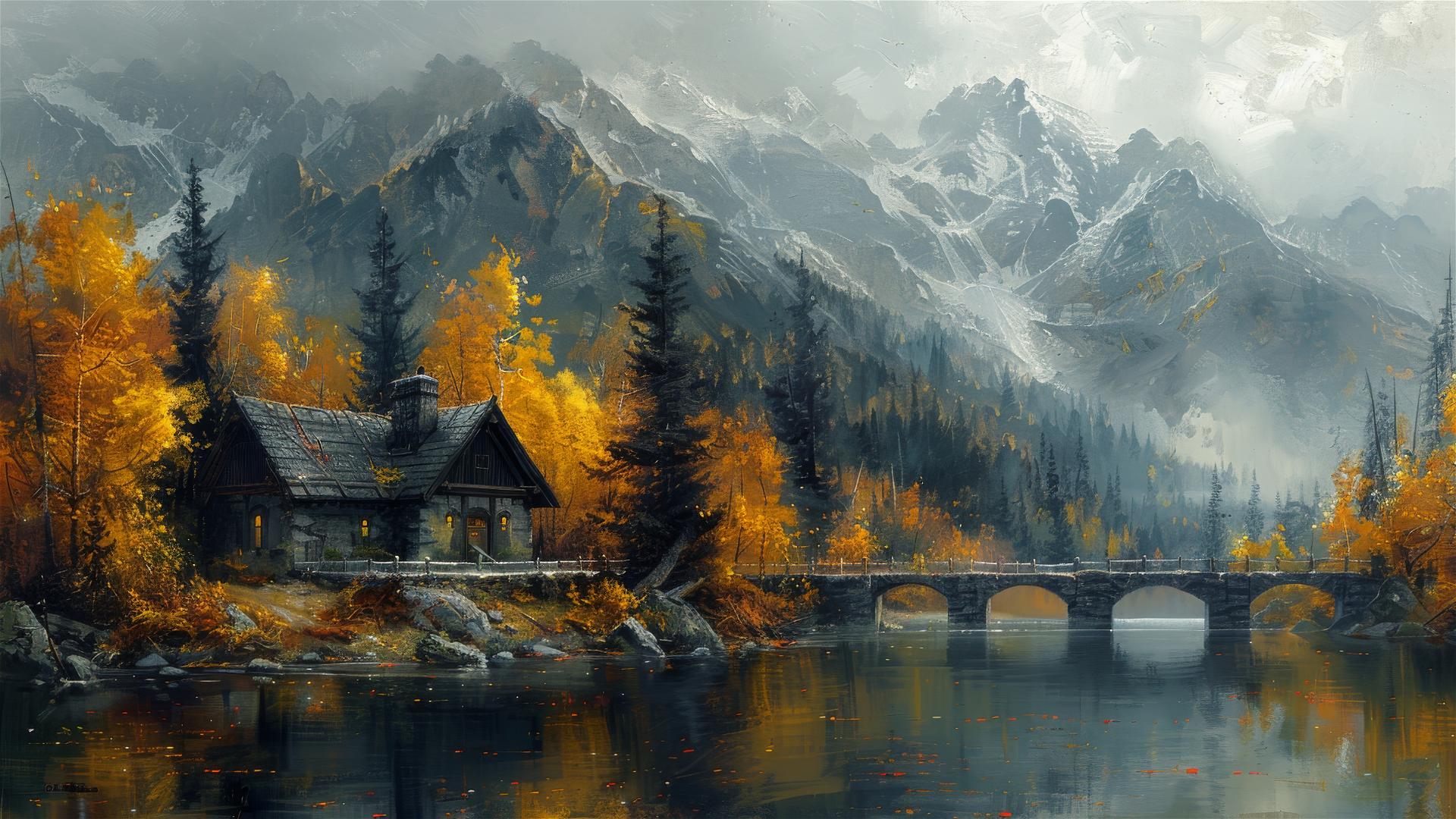 Oil painting of an old house under a bridge with mountainous vistas in yellow and cyan tones