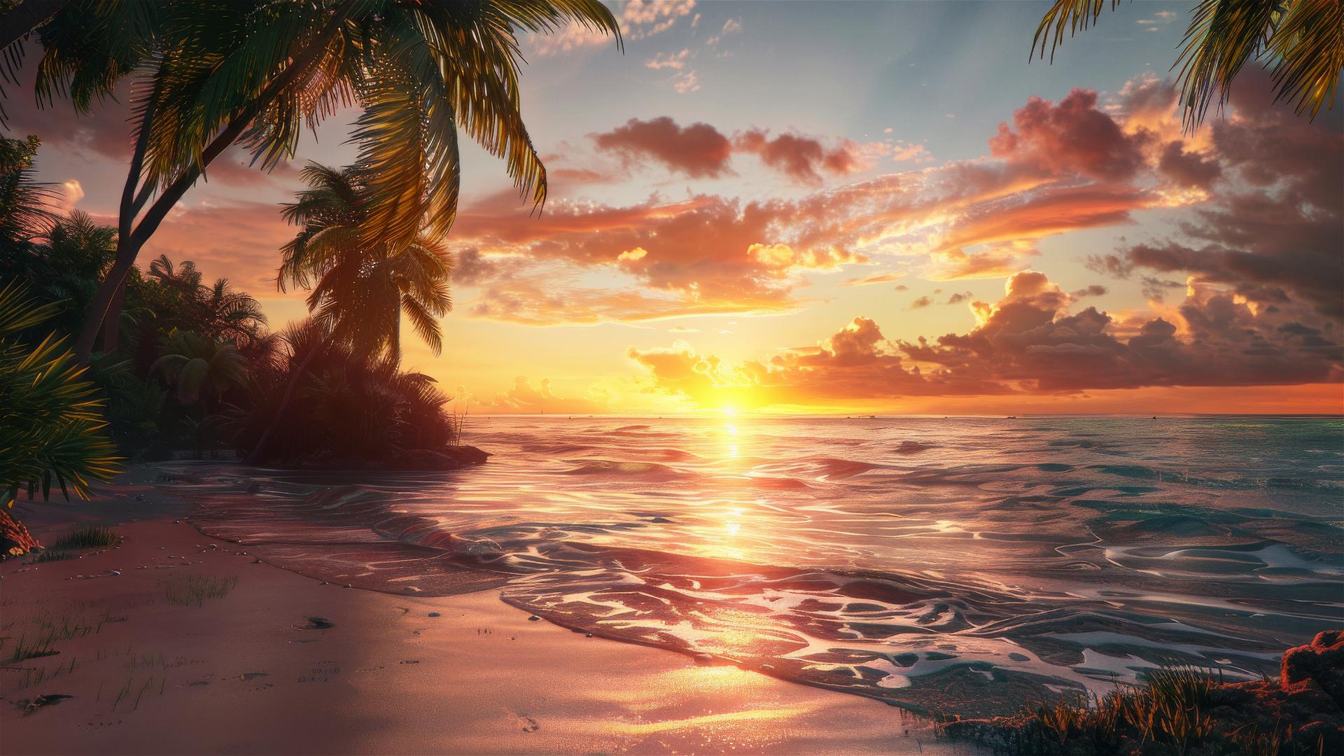 Beautiful sunset illuminating a beach on an island