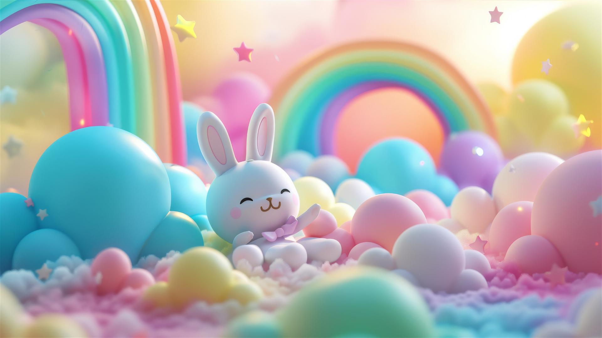Miffy bunny lying on pastel rainbow clouds in a 3D cartoon style