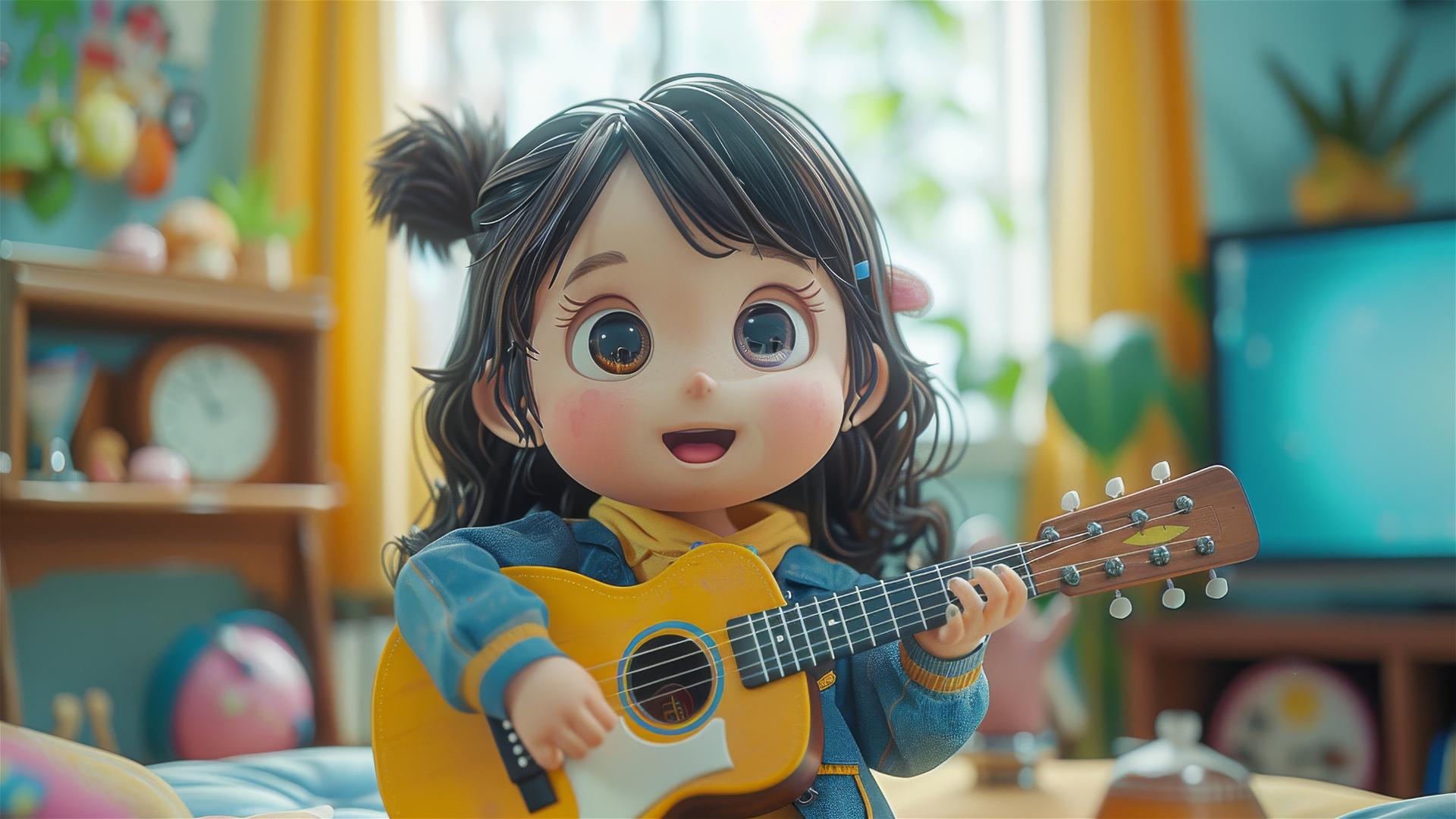 Chubby girl playing guitar in cartoon style with bright blue and purple background