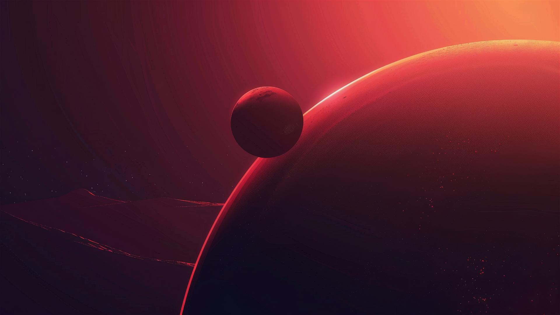 Minimalist vector portrait of red planet with black sun, cinematic lighting