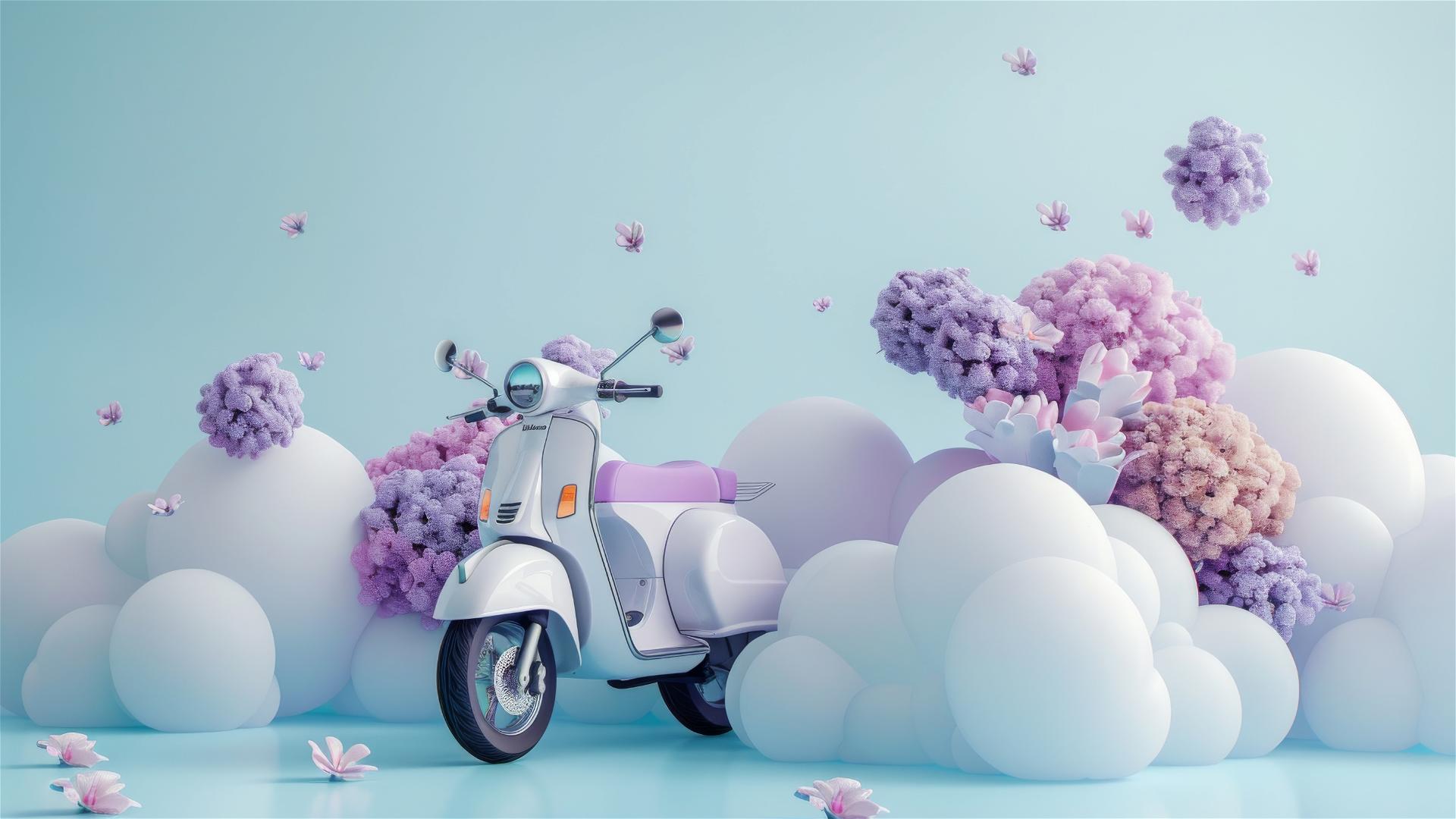 Scooter with a cloud carrying numerous purple and pink bouquets on top