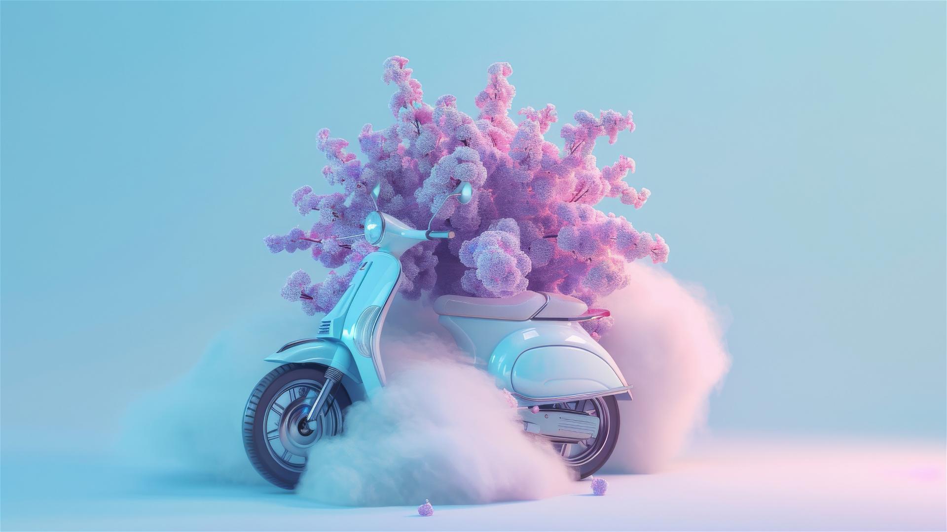 Scooter with a cloud carrying bouquets in purple and pink hues, light blue background