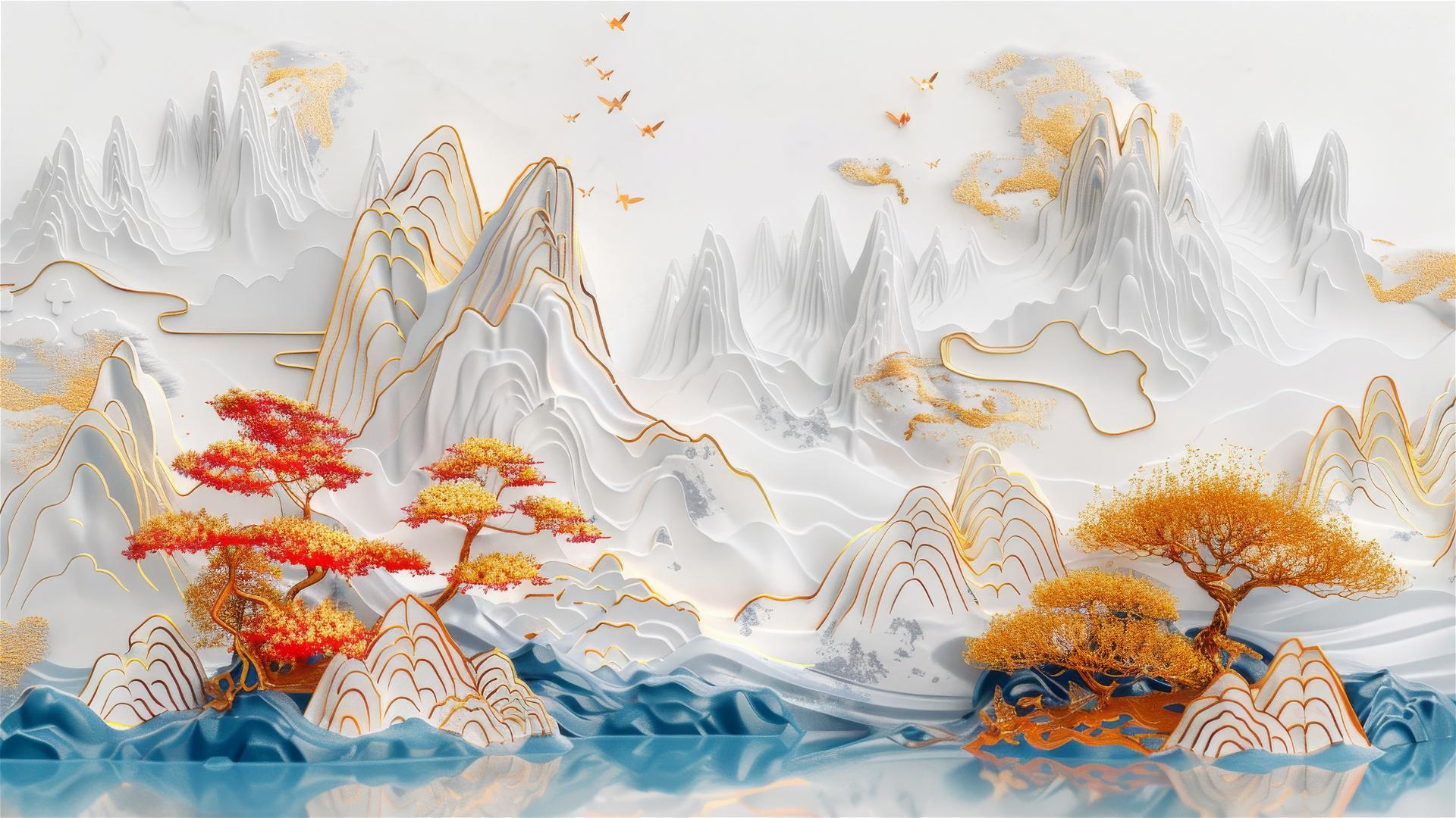 3D Asian painting of golden mountains and tranquil garden with bonsai trees