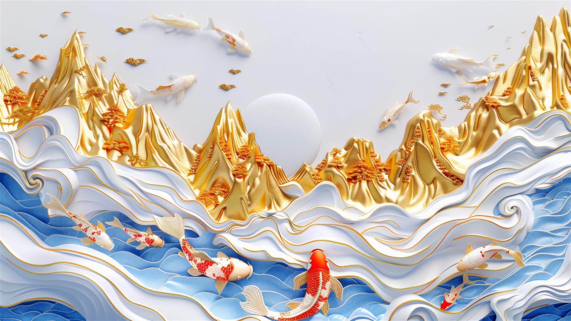 3D Asian art of gold mountains and koi fish in a pond, paper carving style, colors of gold and blue with white background and hint of red, art nouveau influence, delicate carving lines