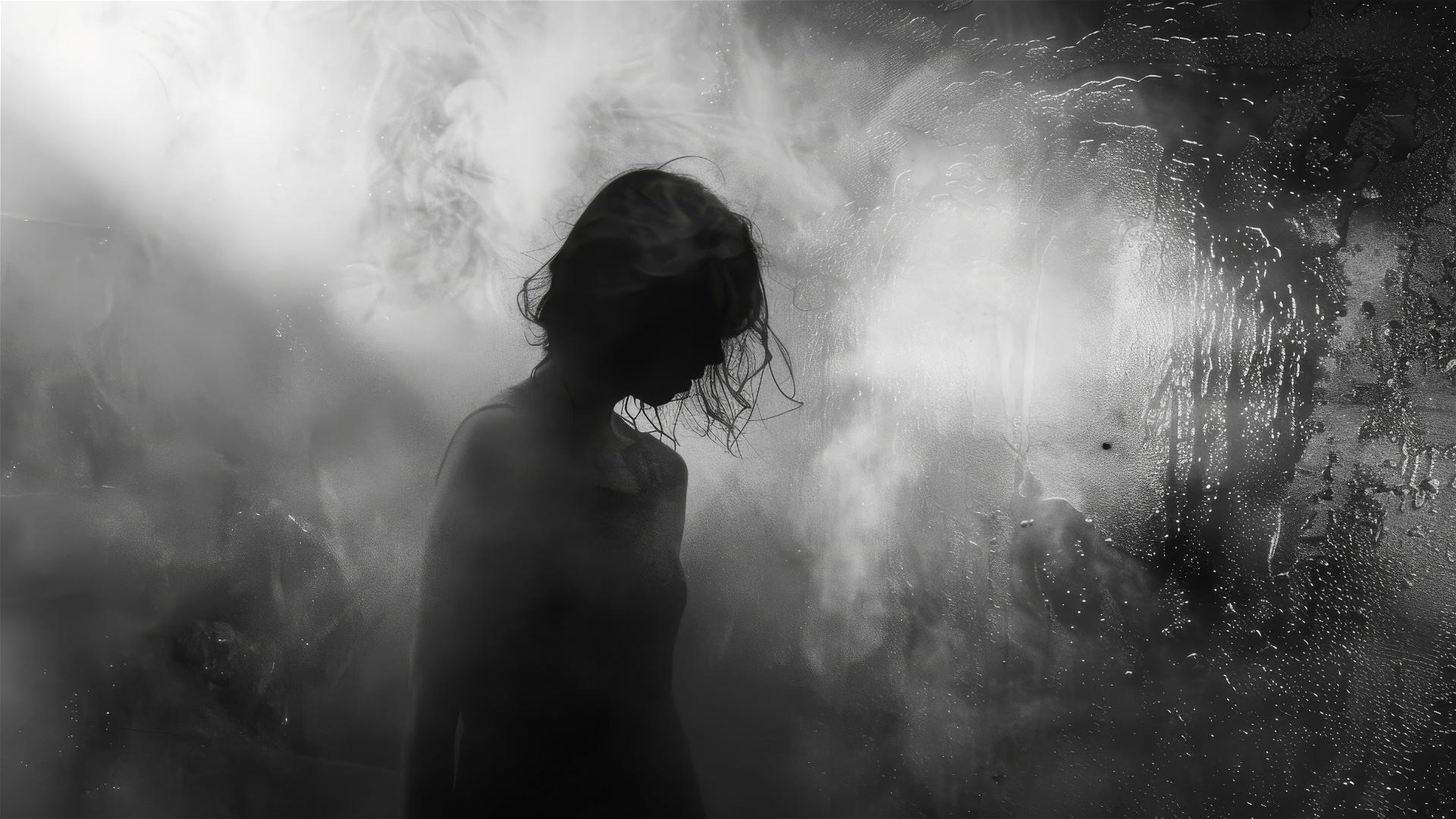 Silhouette through foggy bathroom glass, hazy and dreamy