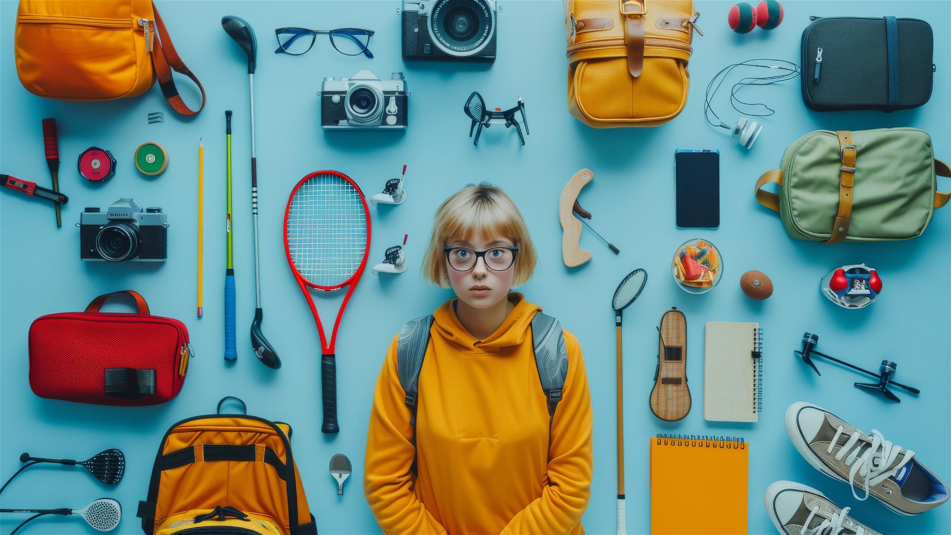 Blonde girl with short hair and glasses, surrounded by various hobby items on a light blue background.