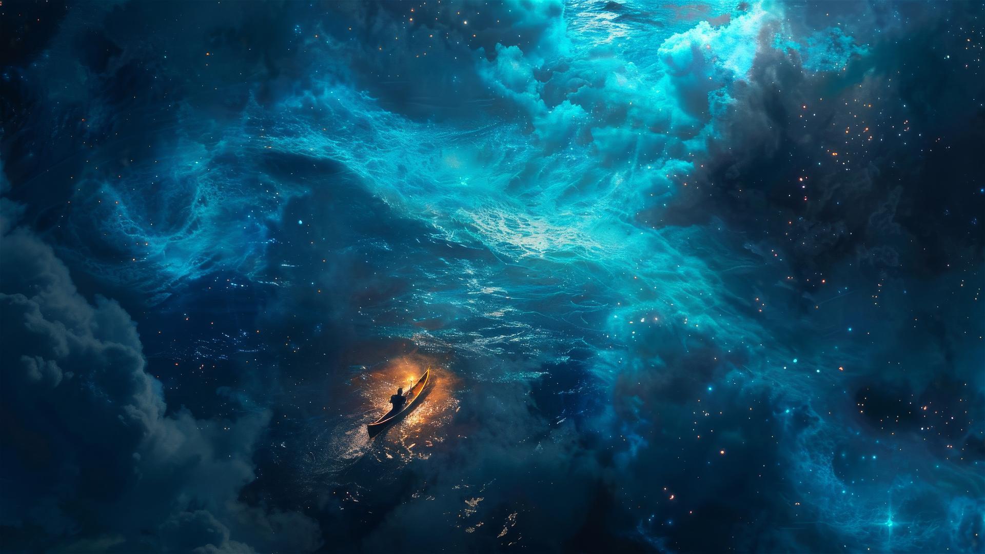 Aerial view of a boat floating in the sea under glowing stars.