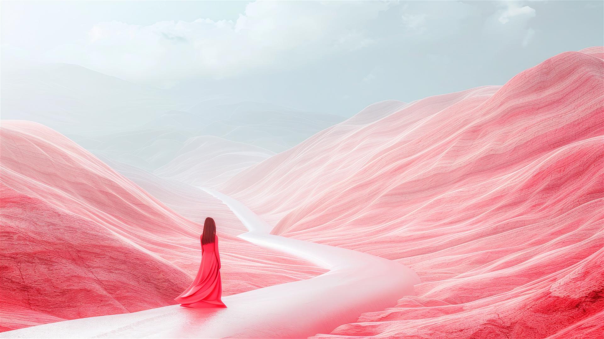 Woman in red dress walking on pink mountains with grey sky