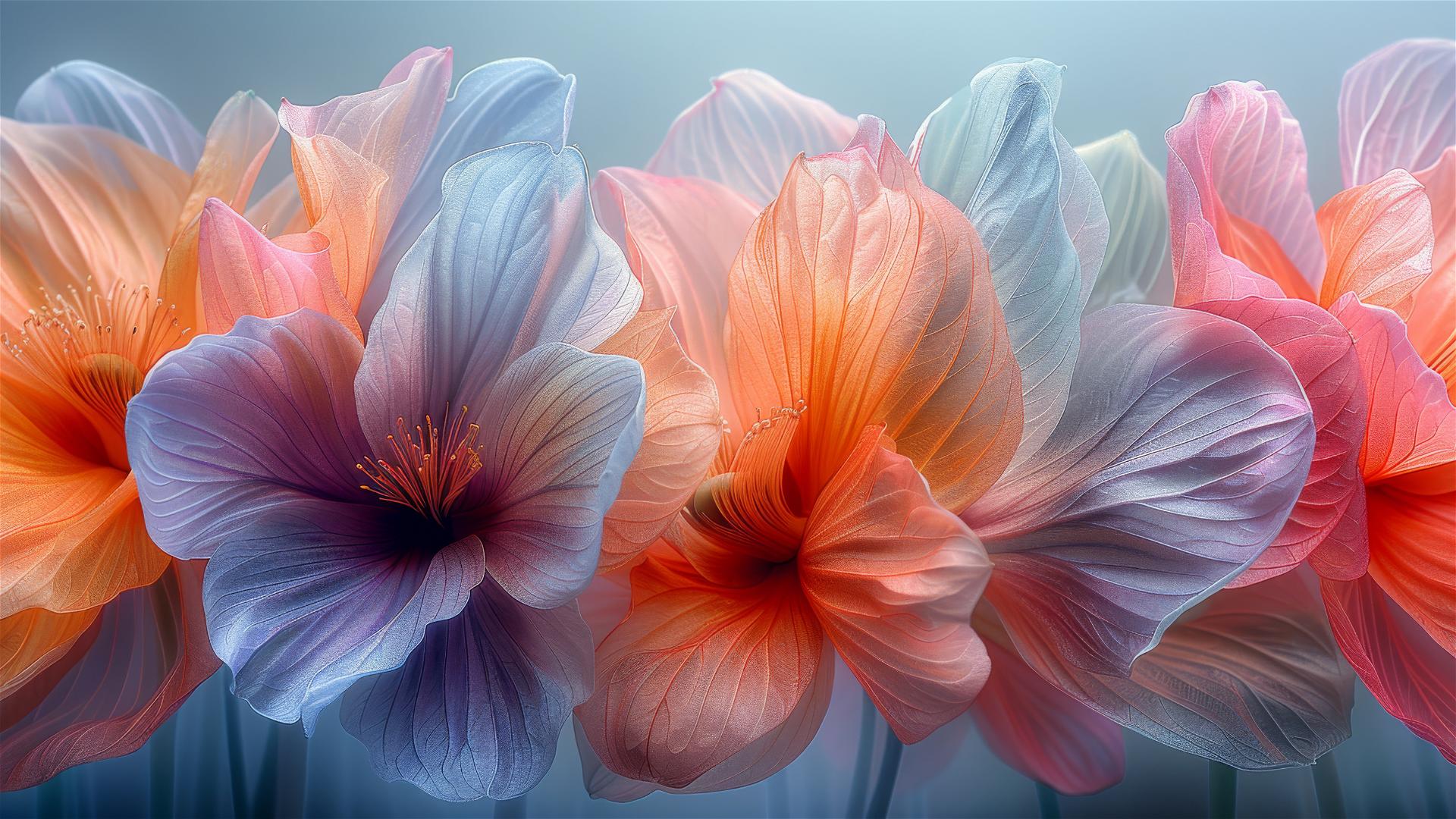 Colorful pastel large flowers with long petals on a light blue background