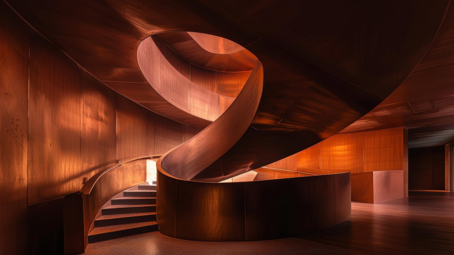 Curved staircase in copper tones with dramatic lighting & smooth lines