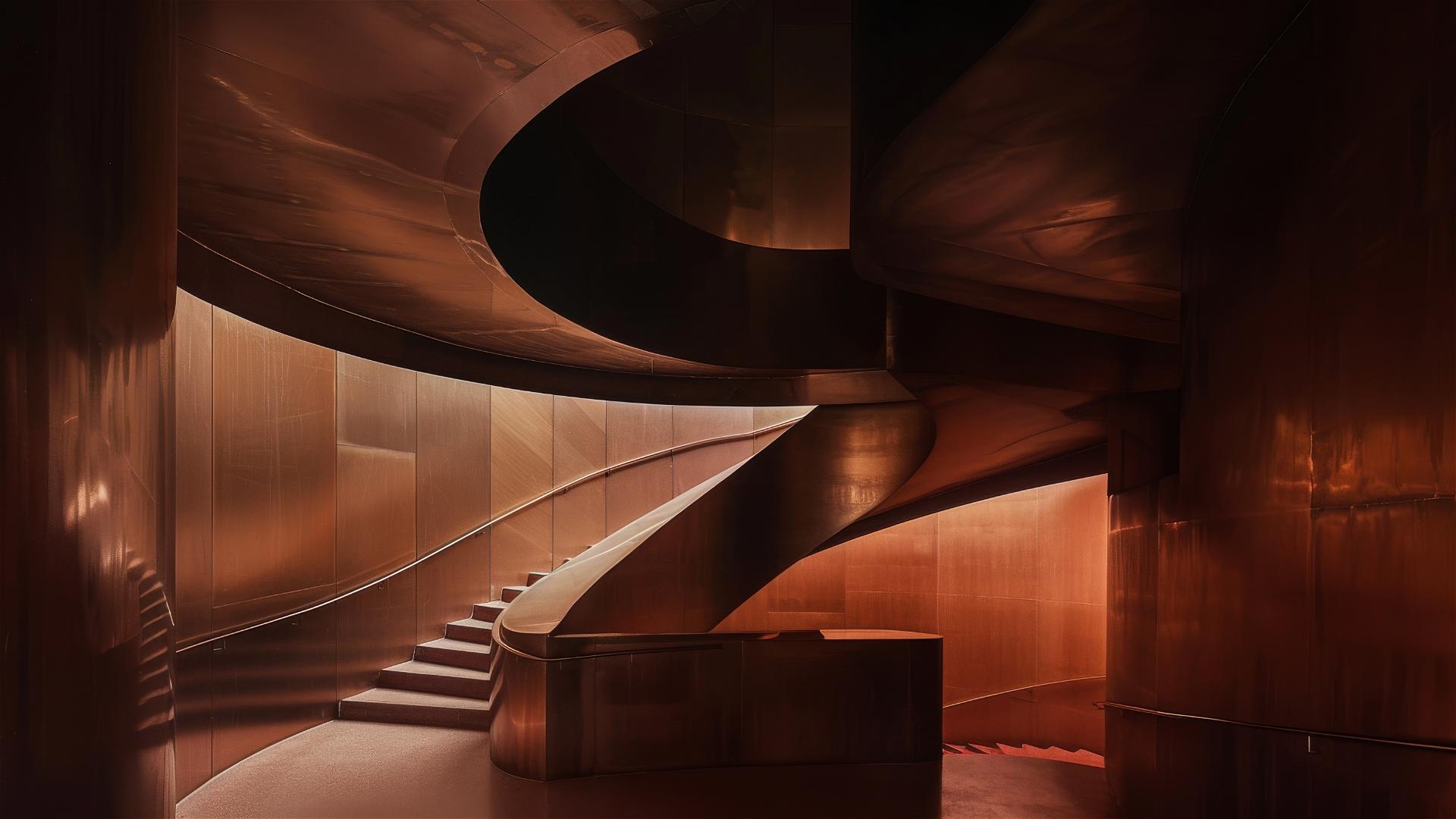 Majestic curved staircase in copper tones with dramatic lighting