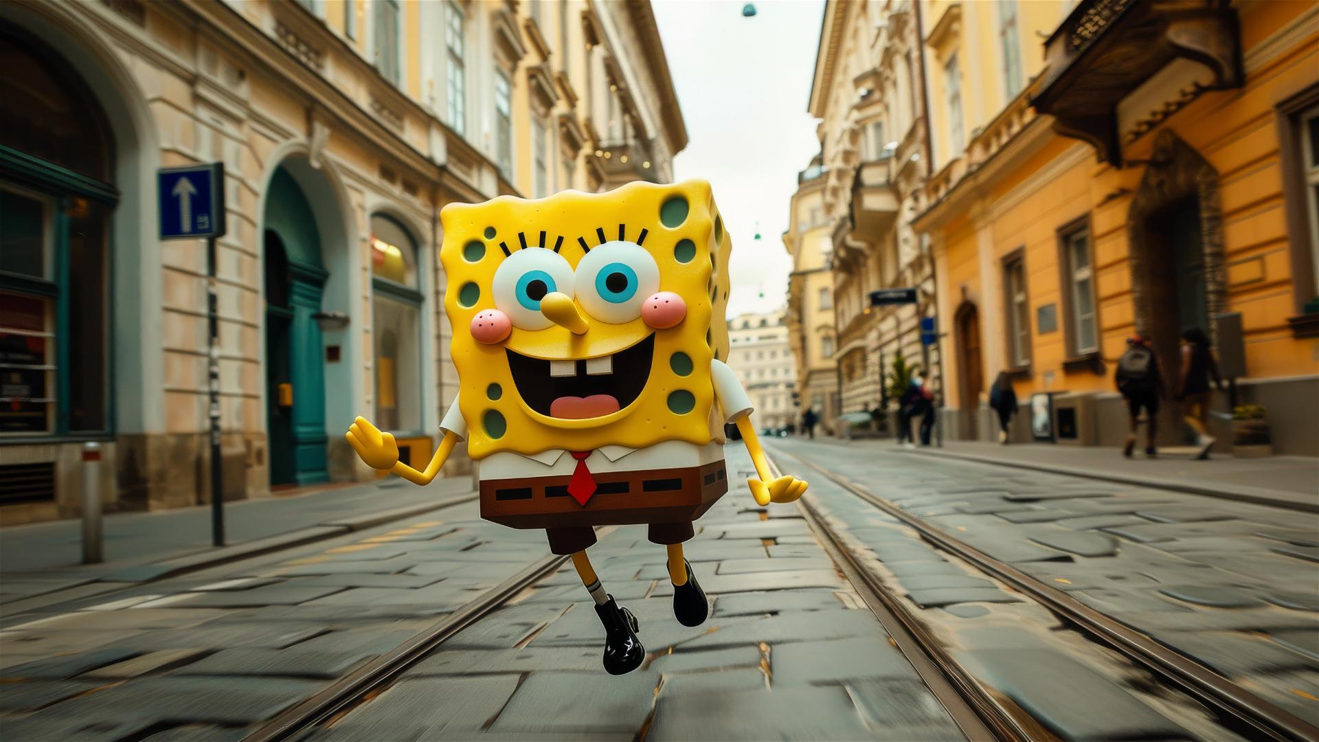 SpongeBob running through the streets of Vienna
