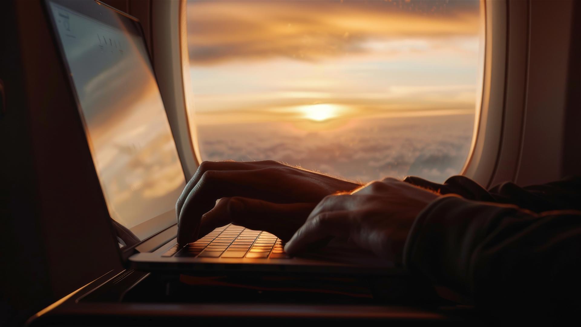 Hand on laptop viewed through airplane window