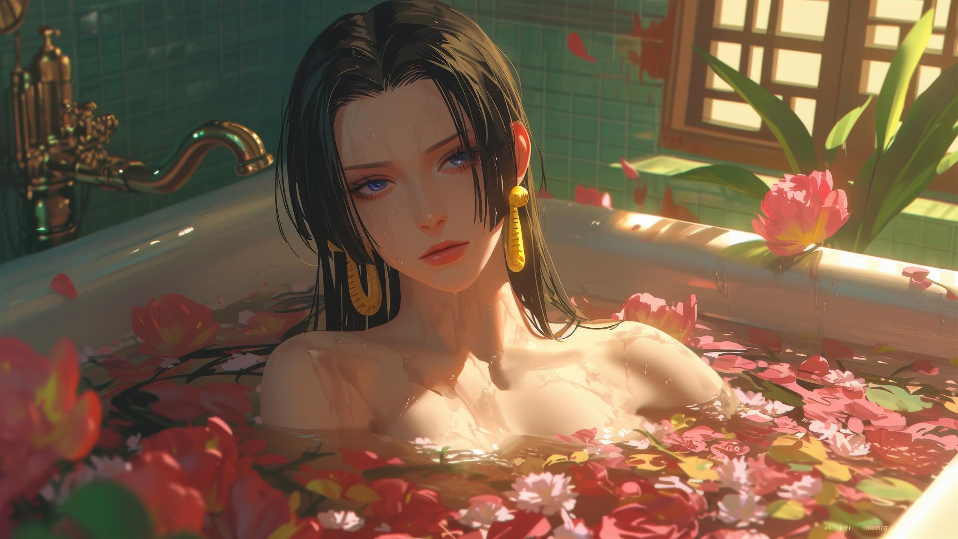 Boa Hancock from One Piece in a flower-filled tub at a Chinese spa