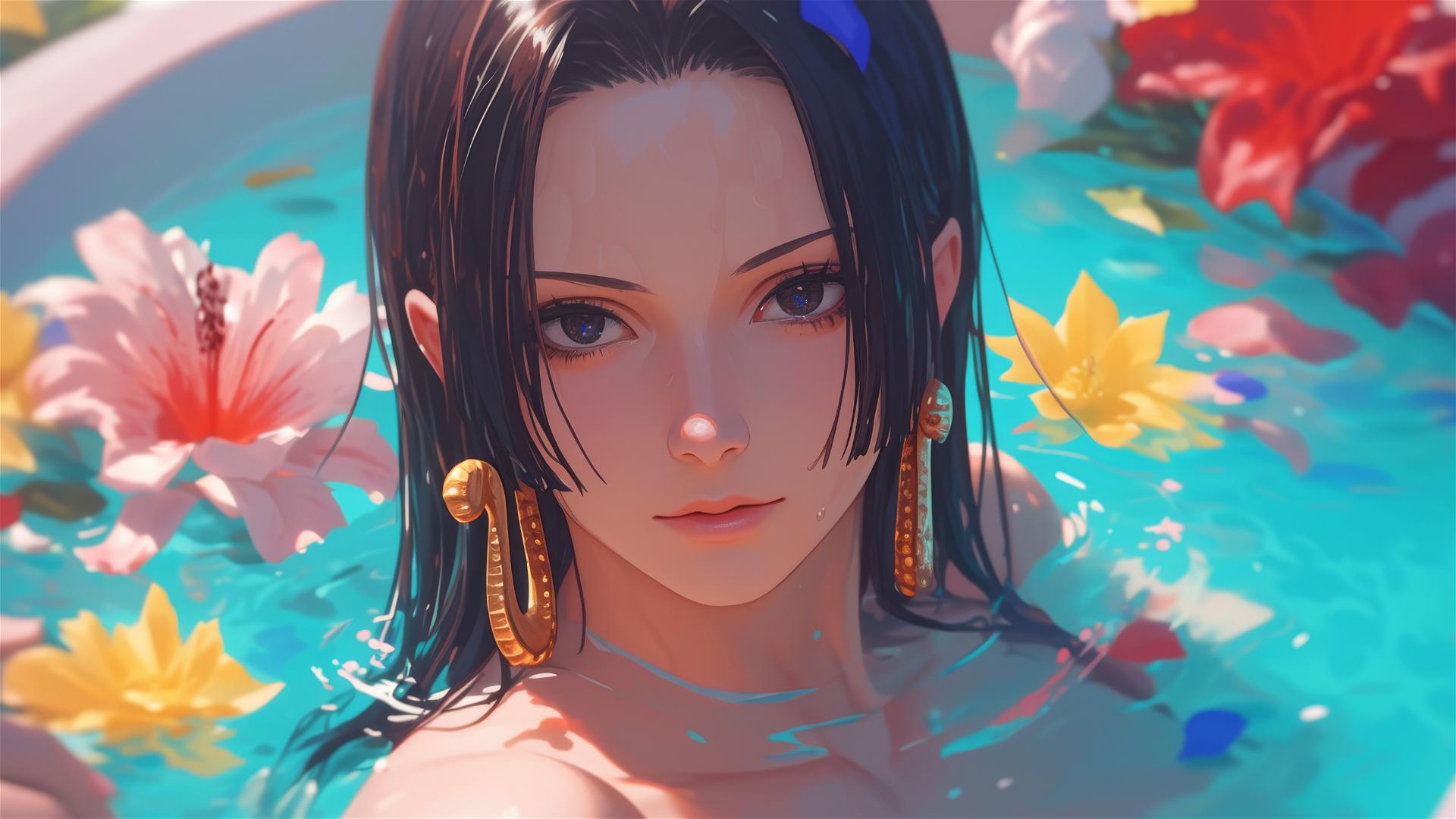 Boa Hancock from One Piece relaxing in a floral tub at a Chinese spa
