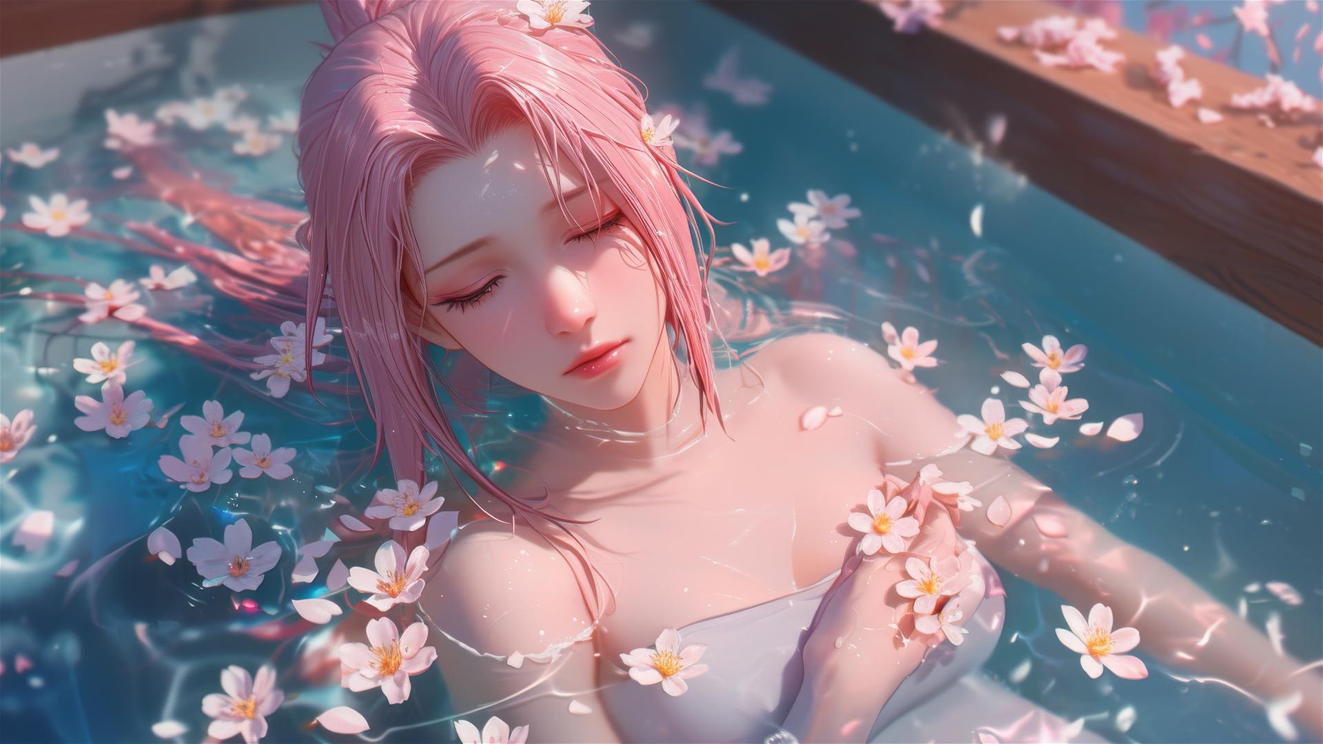 Sakura Haruno in tub of flowers at Chinese spa