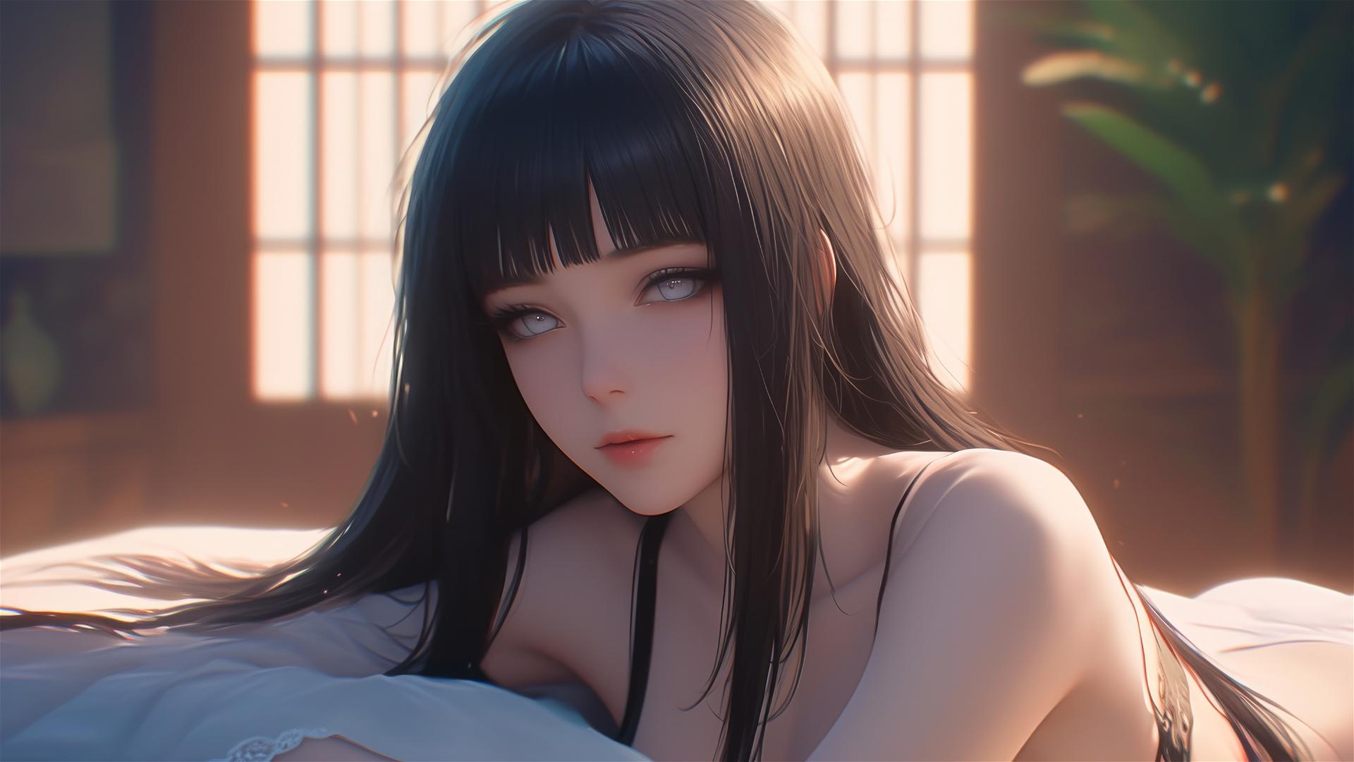 Hinata Hyuga from Naruto resting at a modern hotel with warm light