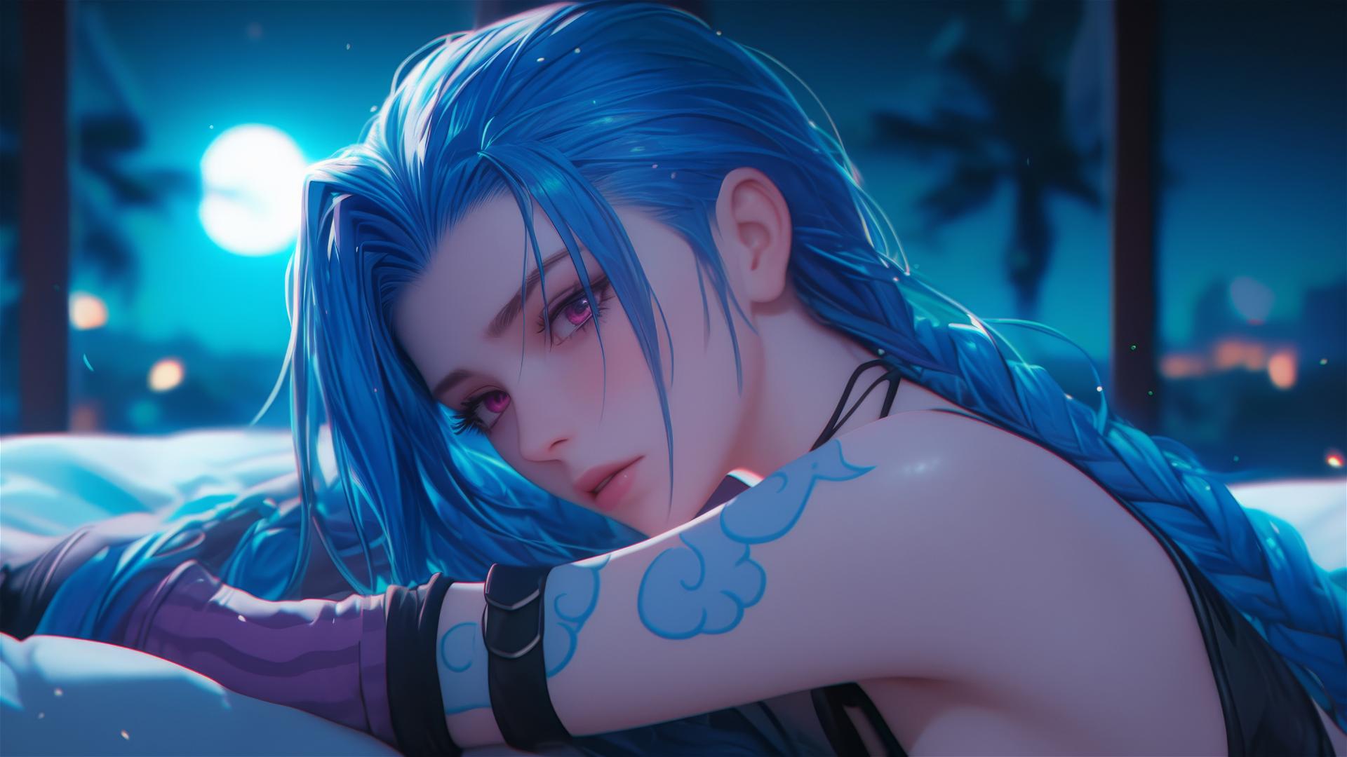 Jinx from League of Legends rests in an apartment, bathed in moonlight, blue hair, pink eyes.