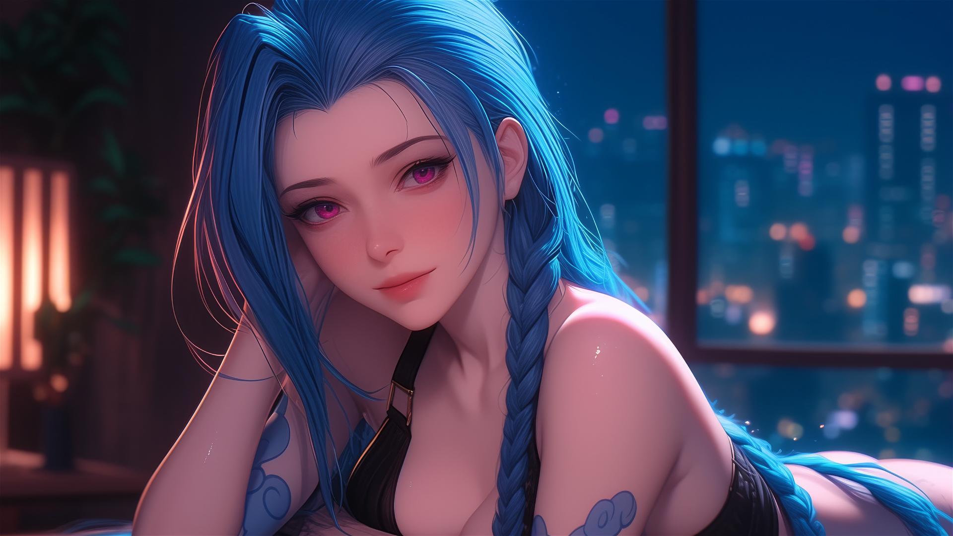 Jinx from League of Legends resting in an apartment with moonlight glow