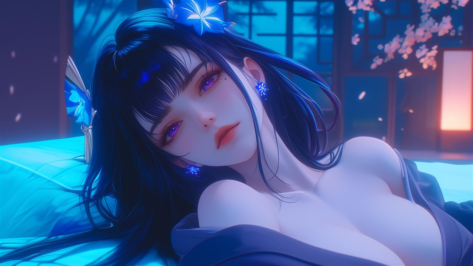 Raiden Shogun from Genshin Impact resting in a modern hotel under moonlight