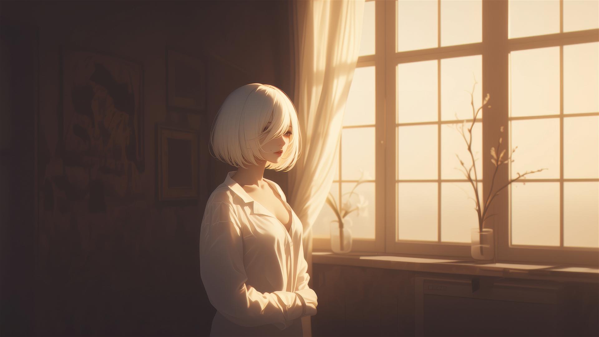 2B from Nier in white silk pajamas by window with sunrise glow