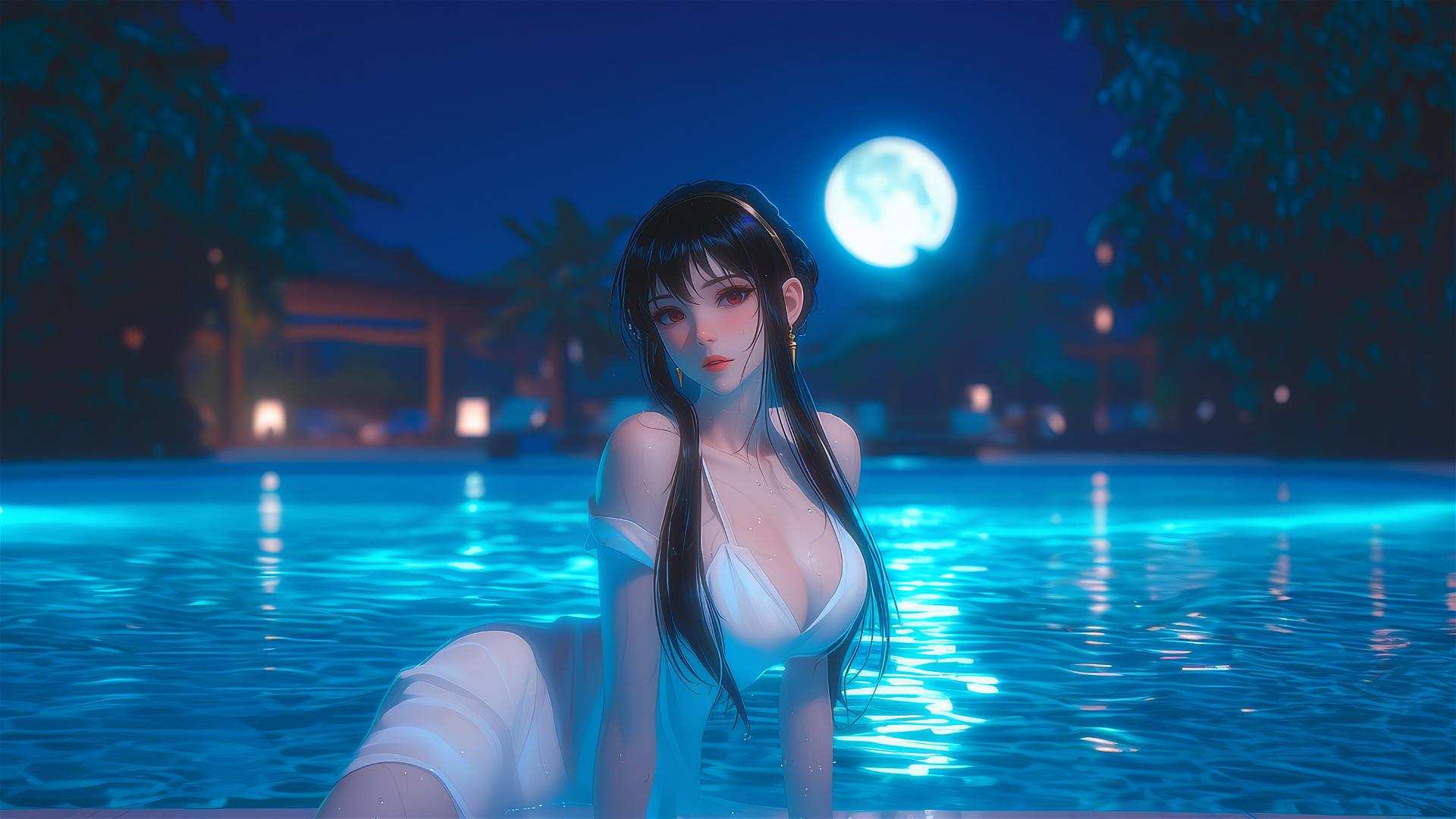 Yor Forger resting by the pool under moonlight