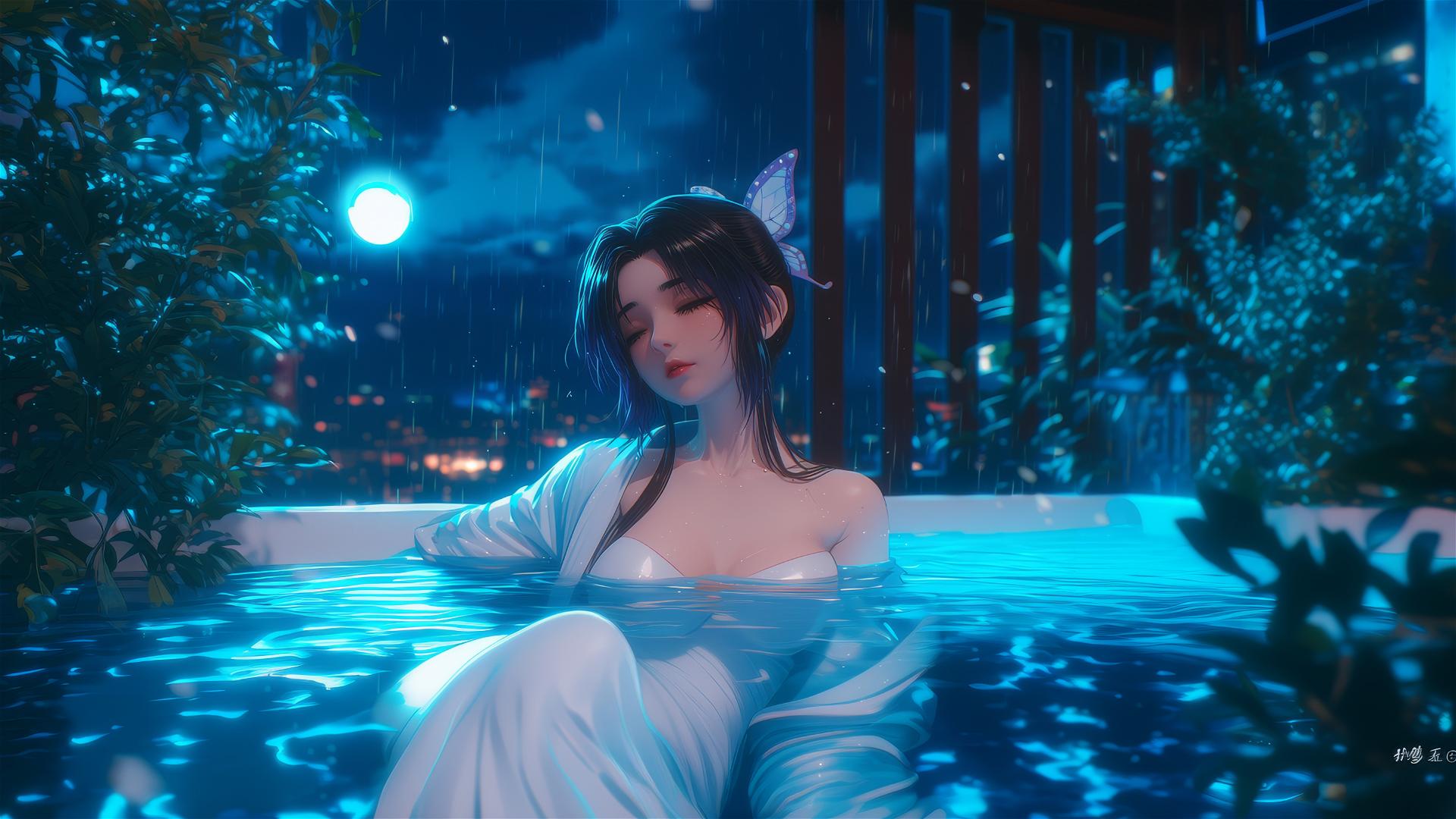 Shinobu Kocho resting in a tub with moonlight casting a soft glow